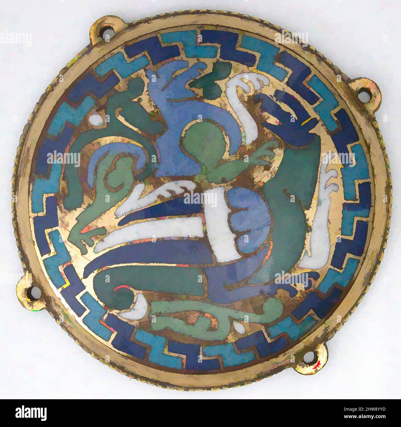 Art inspired by Combat Between Dragon and Dog (one of five medallions from a coffret), ca. 1110–30, Made in Conques, France, French, Copper-gilt, champlevé enamel, Overall: 3 9/16 x 1/2 in. (9 x 1.3 cm), Enamels-Champlevé, The blue and green beasts, locked in battle and compressed into, Classic works modernized by Artotop with a splash of modernity. Shapes, color and value, eye-catching visual impact on art. Emotions through freedom of artworks in a contemporary way. A timeless message pursuing a wildly creative new direction. Artists turning to the digital medium and creating the Artotop NFT Stock Photo