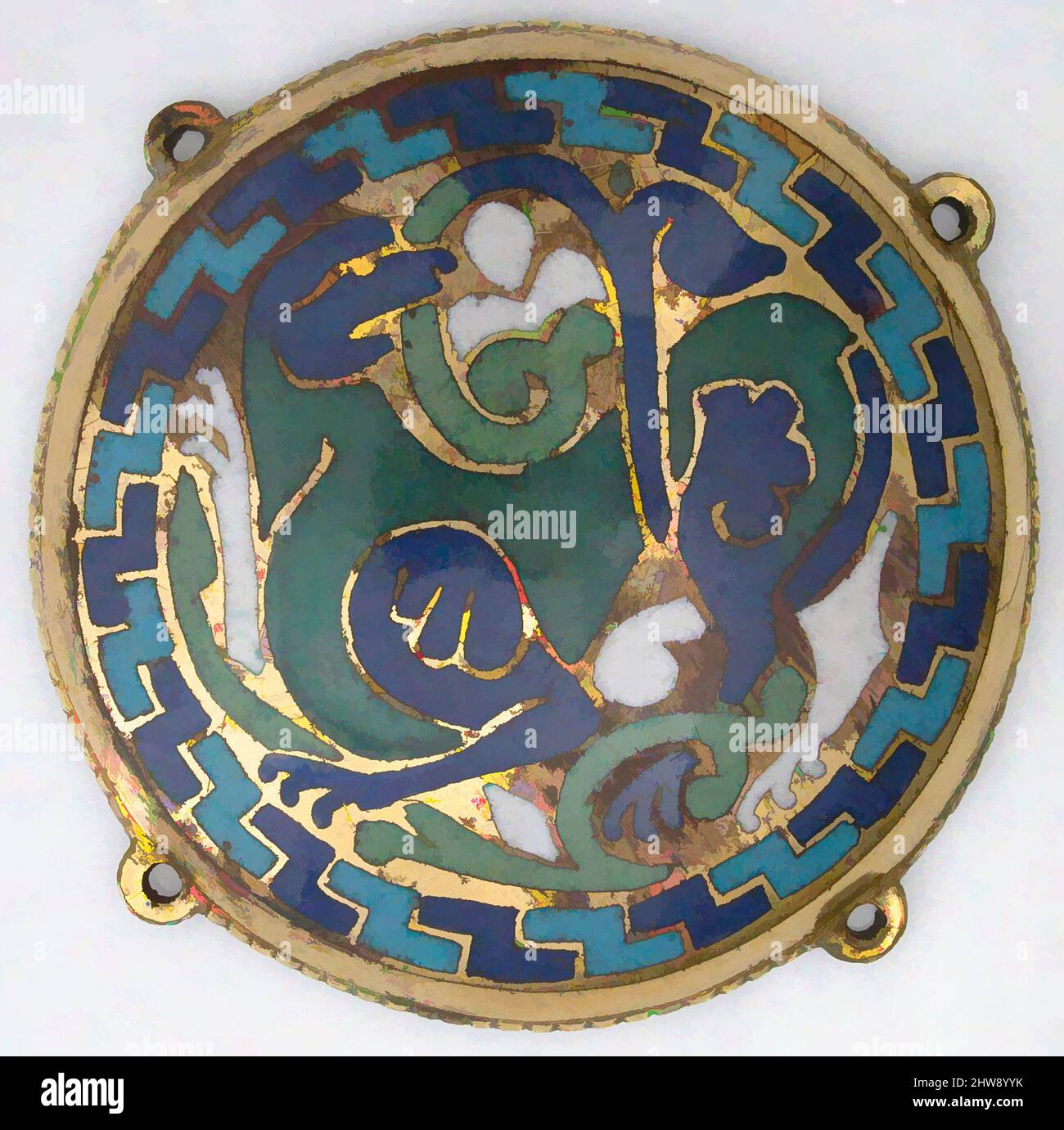Art inspired by Quadruped (one of five medallions from a coffret), ca. 1110–30, Made in Conques, France, French, Copper-gilt, champlevé enamel, Overall: 3 9/16 x 9/16 in. (9 x 1.4 cm), Enamels-Champlevé, The blue and green beasts, locked in battle and compressed into these circular, Classic works modernized by Artotop with a splash of modernity. Shapes, color and value, eye-catching visual impact on art. Emotions through freedom of artworks in a contemporary way. A timeless message pursuing a wildly creative new direction. Artists turning to the digital medium and creating the Artotop NFT Stock Photo
