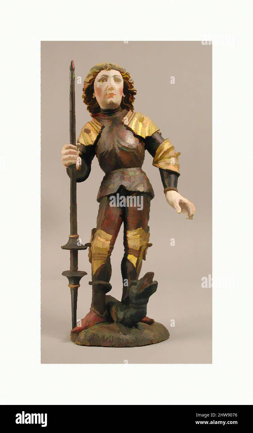 Art inspired by Saint George and the Dragon, ca. 1475, Made in possibly Vienna, Austria, Austrian or South German, Wood, painted and gilt, Overall: 17 3/8 x 8 1/16 x 4 15/16 in. (44.1 x 20.4 x 12.5 cm), Sculpture-Wood, Attributed to Hans Klocker (under the influence of Michael Pacher, Classic works modernized by Artotop with a splash of modernity. Shapes, color and value, eye-catching visual impact on art. Emotions through freedom of artworks in a contemporary way. A timeless message pursuing a wildly creative new direction. Artists turning to the digital medium and creating the Artotop NFT Stock Photo