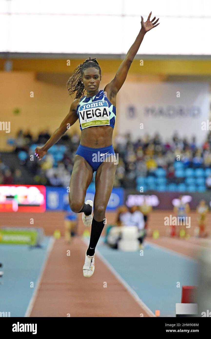 Evelise Veiga (POR) places fifth in the women's long jump at 20-9 1/4 (6.34m) during the Villa de Madrid meeting at the CDM Gallur  Arena, Tuesday, Ma Stock Photo