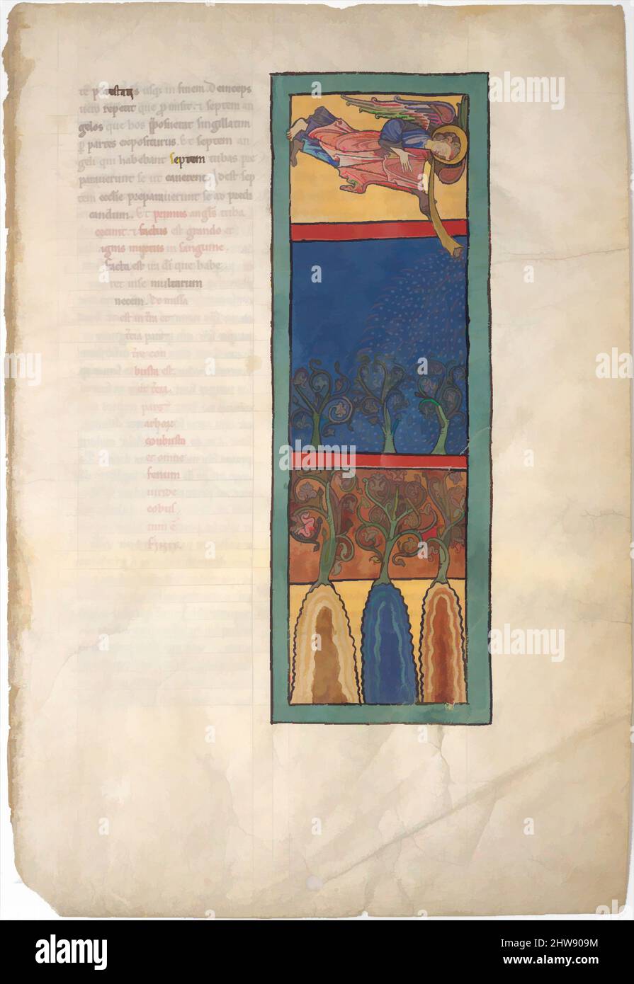 Art inspired by Leaf from a Beatus Manuscript: the First Angel Sounds the Trumpet; Fire, Hail-stones, and Blood are Cast Upon the Earth, ca. 1180, Spanish, Tempera, gold, and ink on parchment, Overall (folio): 17 1/2 x 11 13/16 in. (44.4 x 30 cm), Manuscripts and Illuminations, Classic works modernized by Artotop with a splash of modernity. Shapes, color and value, eye-catching visual impact on art. Emotions through freedom of artworks in a contemporary way. A timeless message pursuing a wildly creative new direction. Artists turning to the digital medium and creating the Artotop NFT Stock Photo