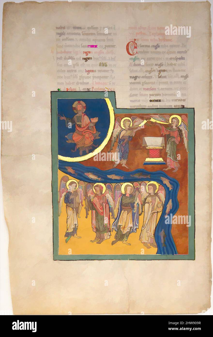 Art inspired by Leaf from a Beatus Manuscript: the Sixth Angel Delivers the Four Angels that had been Bound at the River Euphrates; an Altar Appears in the Heavens as the Enthroned Christ Raises His Hand in Blessing, ca. 1180, Spanish, Tempera, gold, and ink on parchment, Overall (, Classic works modernized by Artotop with a splash of modernity. Shapes, color and value, eye-catching visual impact on art. Emotions through freedom of artworks in a contemporary way. A timeless message pursuing a wildly creative new direction. Artists turning to the digital medium and creating the Artotop NFT Stock Photo