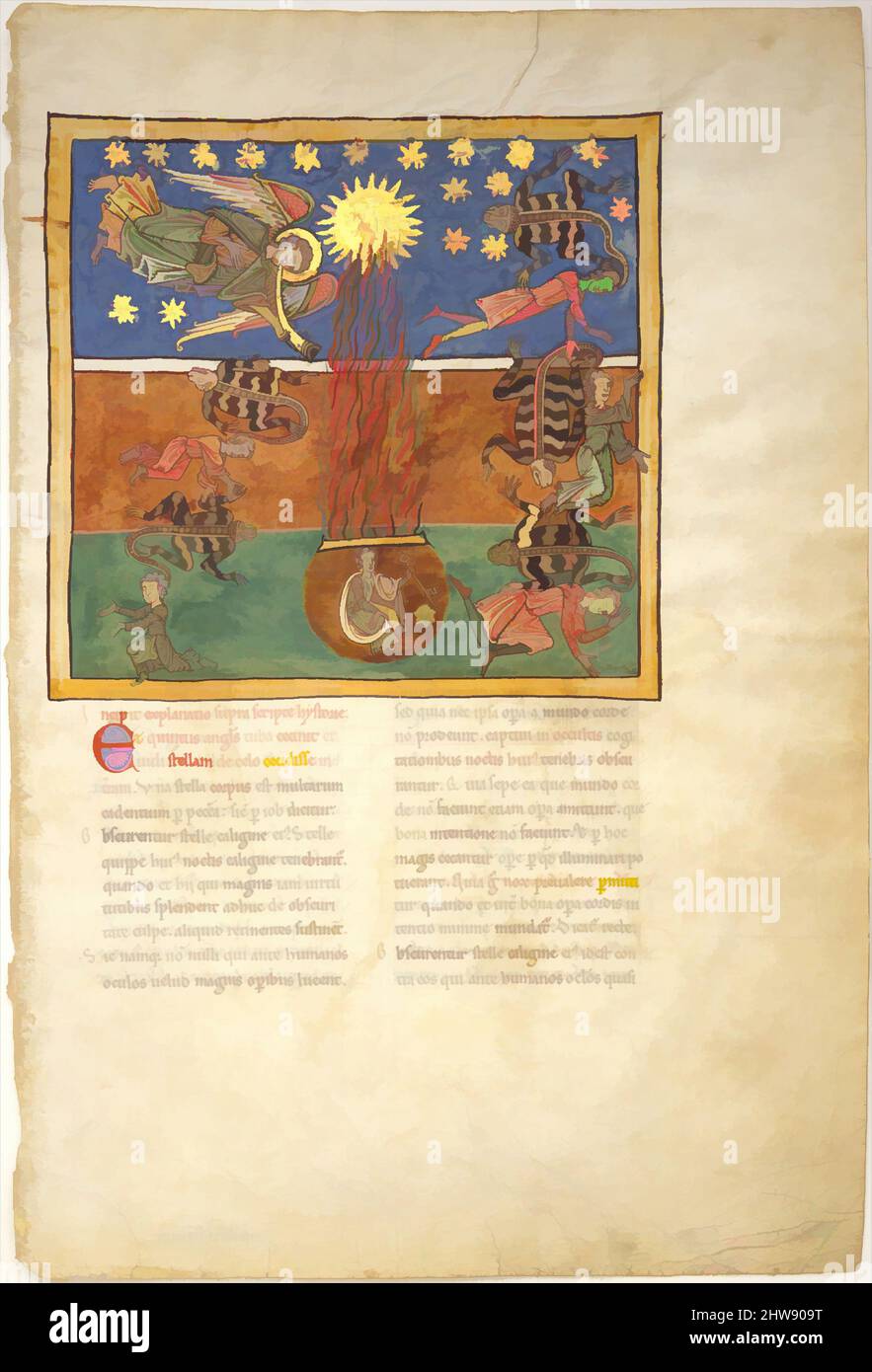 Art inspired by Leaf from a Beatus Manuscript: at the Clarion of the Fifth Angel's Trumpet, a Star Falls from the Sky; the Bottomless Pit is Opened with a Key; Emerging from the Smoke, Locusts Come Upon the Earth and Torment the Deathless, ca. 1180, Spanish, Tempera, gold, and ink on, Classic works modernized by Artotop with a splash of modernity. Shapes, color and value, eye-catching visual impact on art. Emotions through freedom of artworks in a contemporary way. A timeless message pursuing a wildly creative new direction. Artists turning to the digital medium and creating the Artotop NFT Stock Photo