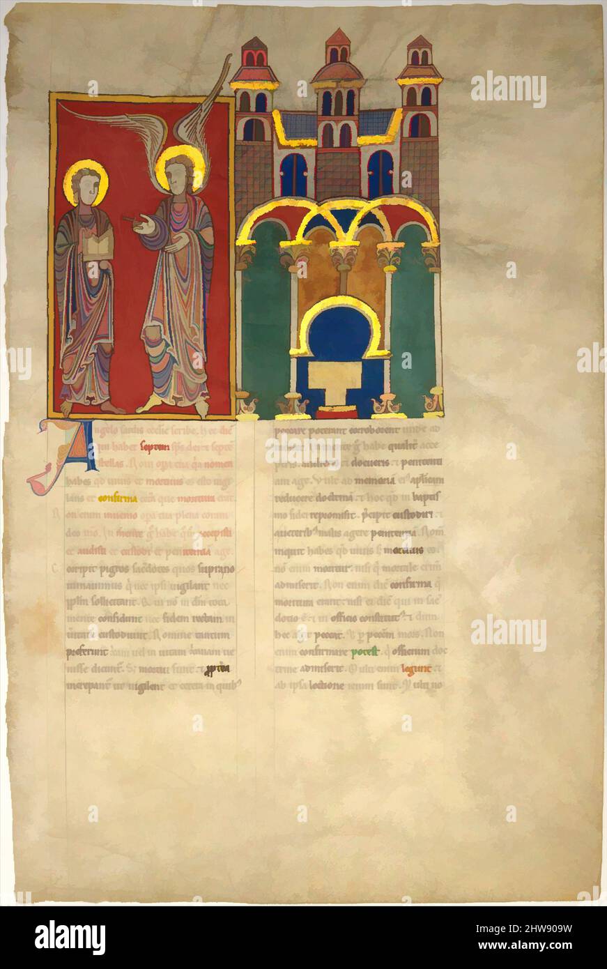 Art inspired by Leaf from a Beatus Manuscript: the Angel of the Church of Sardis with Saint John, ca. 1180, Spanish, Tempera, gold, and ink on parchment, Overall (folio): 17 1/2 x 11 13/16 in. (44.4 x 30 cm), Manuscripts and Illuminations, Illustrated Beatus manuscripts bring to life, Classic works modernized by Artotop with a splash of modernity. Shapes, color and value, eye-catching visual impact on art. Emotions through freedom of artworks in a contemporary way. A timeless message pursuing a wildly creative new direction. Artists turning to the digital medium and creating the Artotop NFT Stock Photo