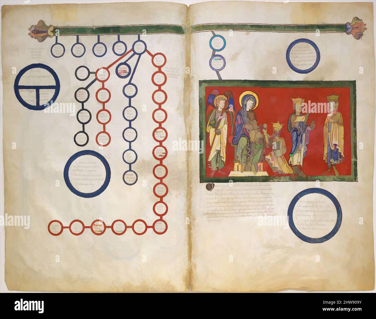 Art inspired by Leaves from a Beatus Manuscript: Bifolium with part of the Genealogy of Christ and the Adoration of the Magi, ca. 1180, Spanish, Tempera, gold, and ink on parchment, Overall (folio): 17 1/2 x 11 13/16 in. (44.4 x 30 cm), Manuscripts and Illuminations, Illustrated Beatus, Classic works modernized by Artotop with a splash of modernity. Shapes, color and value, eye-catching visual impact on art. Emotions through freedom of artworks in a contemporary way. A timeless message pursuing a wildly creative new direction. Artists turning to the digital medium and creating the Artotop NFT Stock Photo