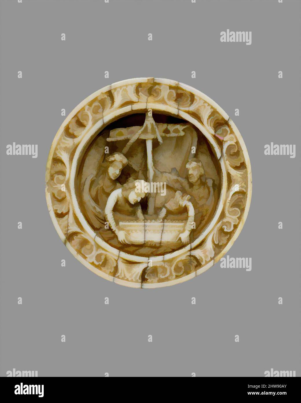 Art inspired by Game Piece with a Scene from the Life of Apollonius of Tyre, ca. 1170, Made in Cologne, Germany, German, Walrus ivory, Overall: 1/16 x 2 3/16 x 5/8 in. (0.2 x 5.6 x 1.6 cm), Ivories, This piece, from the medieval game of tables (a precursor to backgammon), illustrates, Classic works modernized by Artotop with a splash of modernity. Shapes, color and value, eye-catching visual impact on art. Emotions through freedom of artworks in a contemporary way. A timeless message pursuing a wildly creative new direction. Artists turning to the digital medium and creating the Artotop NFT Stock Photo