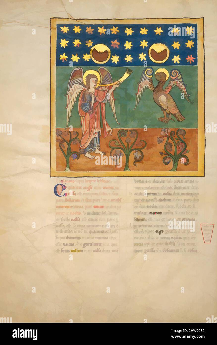 Art inspired by Leaf from a Beatus Manuscript: the Fourth Angel Sounds the Trumpet and an Eagle Cries Woe, ca. 1180, Spanish, Tempera, gold, and ink on parchment, Overall (folio): 17 1/2 x 11 13/16 in. (44.4 x 30 cm), Manuscripts and Illuminations, Illustrated Beatus manuscripts bring, Classic works modernized by Artotop with a splash of modernity. Shapes, color and value, eye-catching visual impact on art. Emotions through freedom of artworks in a contemporary way. A timeless message pursuing a wildly creative new direction. Artists turning to the digital medium and creating the Artotop NFT Stock Photo