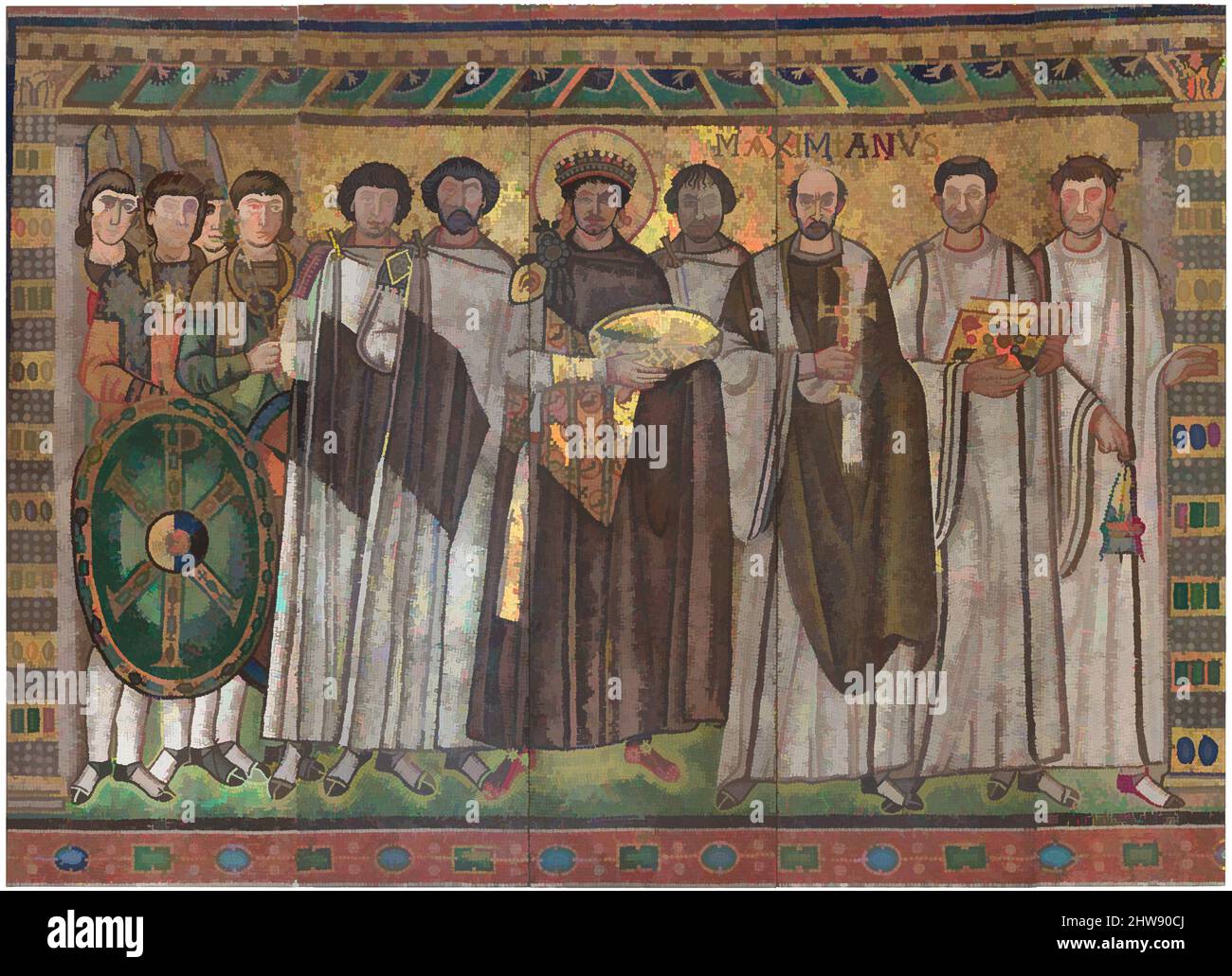 Art inspired by Emperor Justinian and Members of His Court, early 20th century (original dated 6th century), Byzantine, Glass and stone Tesserae, Overall: 104 x 144 x 5 in. (264.2 x 365.8 x 12.7 cm), Reproductions-Mosaics, Classic works modernized by Artotop with a splash of modernity. Shapes, color and value, eye-catching visual impact on art. Emotions through freedom of artworks in a contemporary way. A timeless message pursuing a wildly creative new direction. Artists turning to the digital medium and creating the Artotop NFT Stock Photo