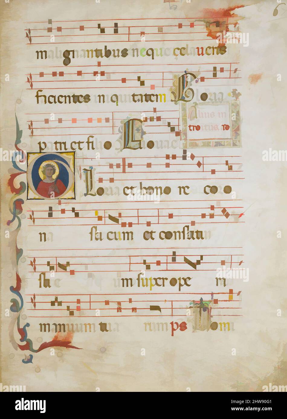 Art inspired by Manuscript Leaf with a female saint (possibly Dorothy) in an Initial G, from a Gradual, ca. 1330–40, Made in Bologna, Italy, Italian, Tempera, ink, and gold on parchment, Overall: 18 3/4 x 13 5/8 in. (47.7 x 34.6 cm), Manuscripts and Illuminations, Attributed to the, Classic works modernized by Artotop with a splash of modernity. Shapes, color and value, eye-catching visual impact on art. Emotions through freedom of artworks in a contemporary way. A timeless message pursuing a wildly creative new direction. Artists turning to the digital medium and creating the Artotop NFT Stock Photo