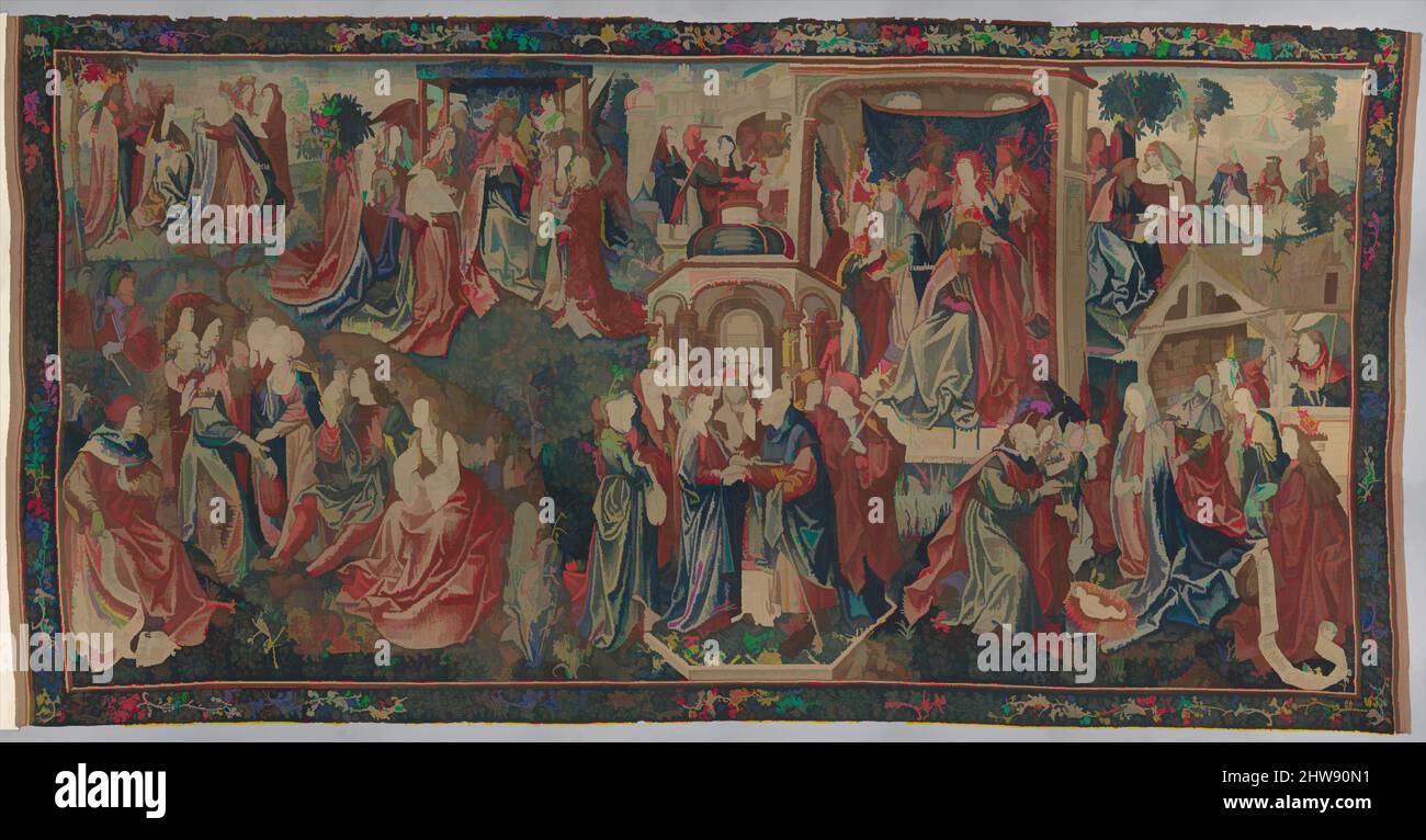 Art inspired by Christ Is Born as Man's Redeemer (Episode from the Story of the Redemption of Man), 1500–1520, South Netherlandish, Wool warp; wool and silk wefts, Overall: 166 1/4 x 315 1/8 in. (422.3 x 800.4 cm), Textiles-Tapestries, This tapestry with its rich and complex imagery is, Classic works modernized by Artotop with a splash of modernity. Shapes, color and value, eye-catching visual impact on art. Emotions through freedom of artworks in a contemporary way. A timeless message pursuing a wildly creative new direction. Artists turning to the digital medium and creating the Artotop NFT Stock Photo