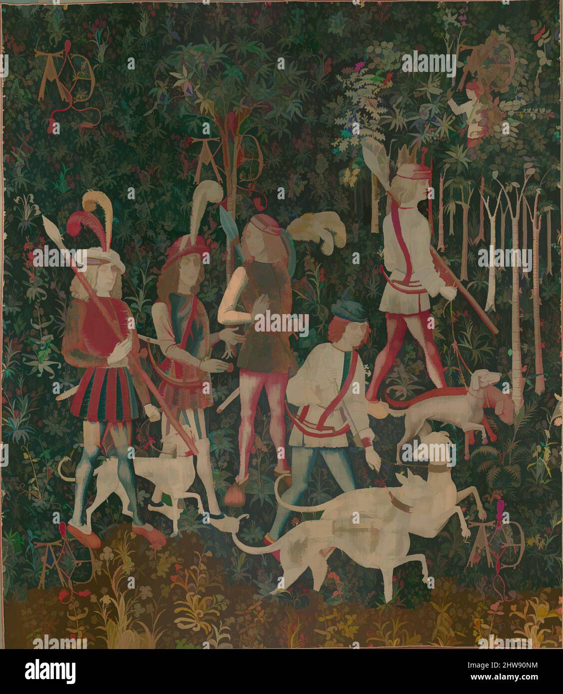 Art inspired by The Hunters Enter the Woods (from the Unicorn Tapestries), 1495–1505, South Netherlandish, Wool warp, wool, silk, silver, and gilt wefts, Overall: 145 x 124in. (368.3 x 315cm), Textiles-Tapestries, This tapestry is one of seven hangings at The Cloisters that depict the, Classic works modernized by Artotop with a splash of modernity. Shapes, color and value, eye-catching visual impact on art. Emotions through freedom of artworks in a contemporary way. A timeless message pursuing a wildly creative new direction. Artists turning to the digital medium and creating the Artotop NFT Stock Photo