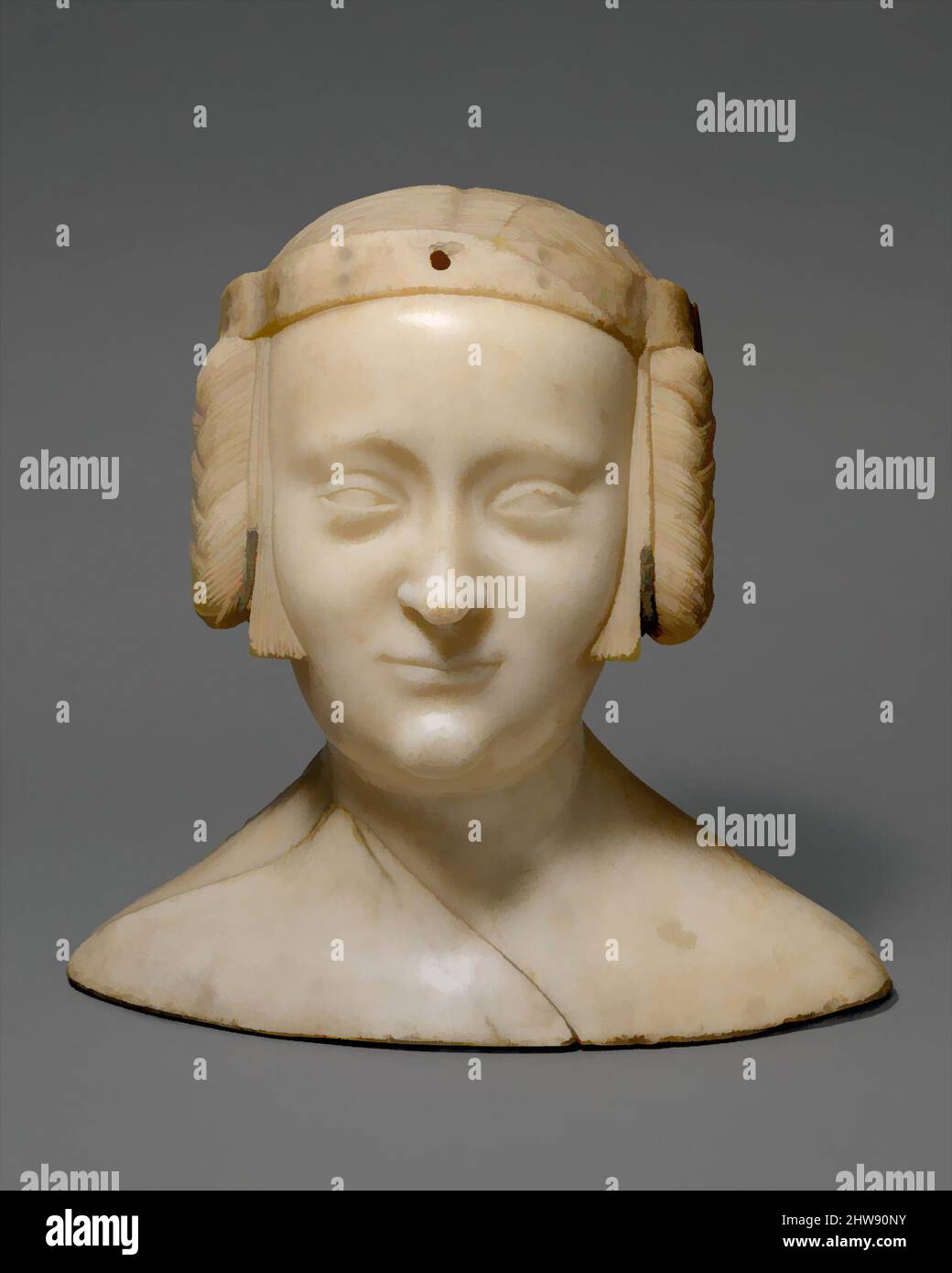 Art inspired by Tomb Effigy Bust of Marie de France (1327-41), daughter of Charles IV of France and Jeanne d'Evreux, ca. 1381, Made in Île de France, French, Marble with lead inlays, Overall (without base): 12 1/4 x 12 3/4 x 6 3/16 in. (31.1 x 32.4 x 15.7 cm), Sculpture-Stone, Jean de, Classic works modernized by Artotop with a splash of modernity. Shapes, color and value, eye-catching visual impact on art. Emotions through freedom of artworks in a contemporary way. A timeless message pursuing a wildly creative new direction. Artists turning to the digital medium and creating the Artotop NFT Stock Photo