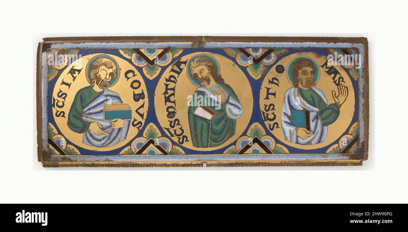 Art inspired by Plaque with Saints James, Matthew, and Thomas, ca. 1150–75, Made in Meuse valley, Netherlands, South Netherlandish, Champlevé enamel, copper alloy, gilt, Overall: 2 1/2 x 6 5/16 x 1/8 in. (6.3 x 16 x 0.3 cm), Enamels-Champlevé, The Latin inscriptions name three of Jesus, Classic works modernized by Artotop with a splash of modernity. Shapes, color and value, eye-catching visual impact on art. Emotions through freedom of artworks in a contemporary way. A timeless message pursuing a wildly creative new direction. Artists turning to the digital medium and creating the Artotop NFT Stock Photo