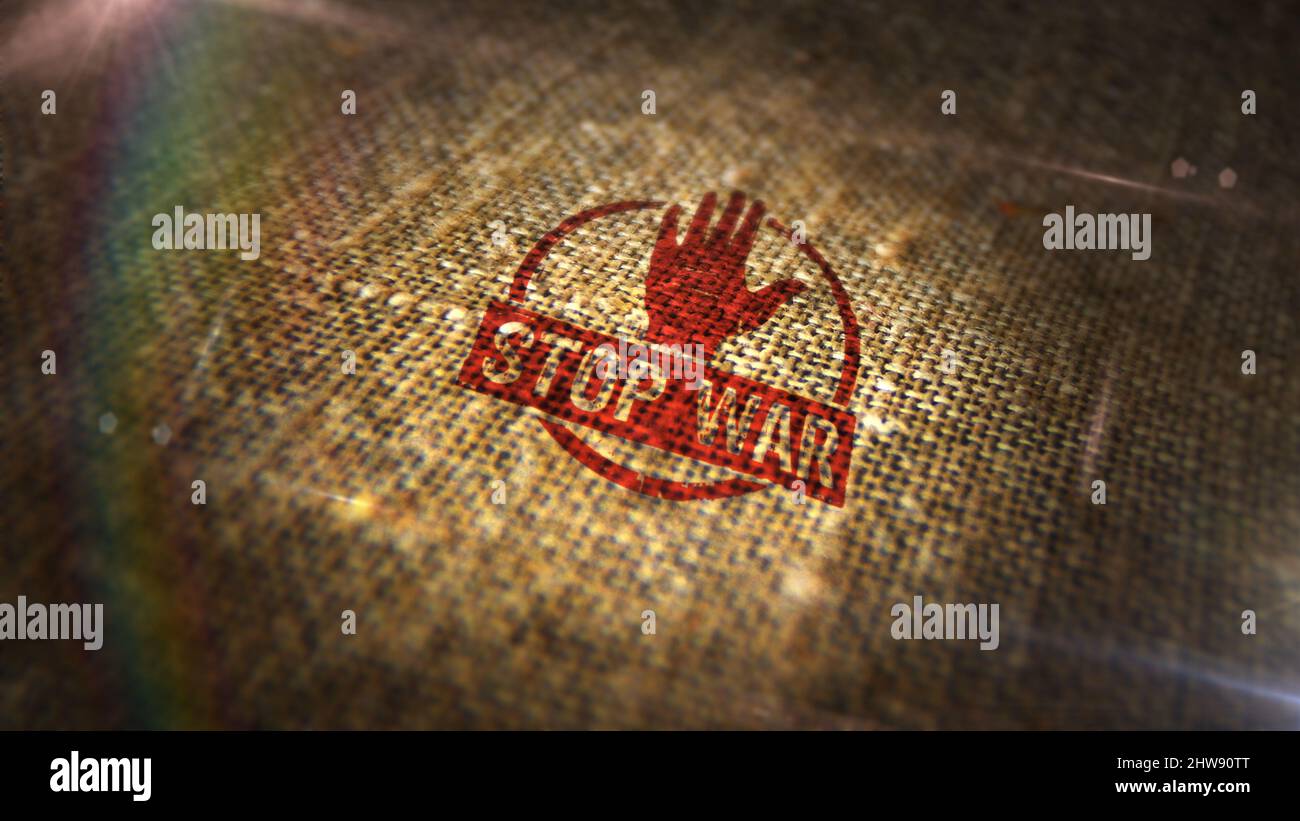 Stop war stamp printed on linen sack. Peace, no aggression and pacifism concept. Stock Photo