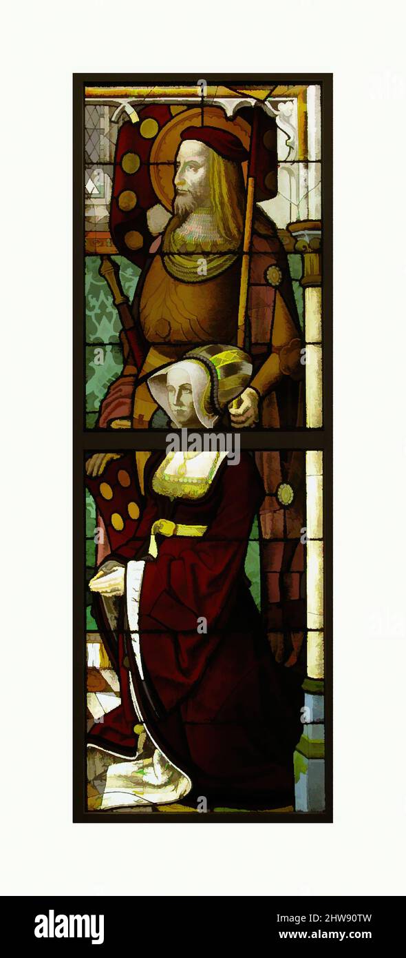 Art inspired by Stained Glass Panel with a Lady and her Patron Saint, ca. 1505–08, Made in Germany, German, Pot metal, white glass, vitreous paint, silver stain, Overall (with 1 T-bar): 62 3/4 x 21 7/8 x 1/2 in. (159.4 x 55.6 x 1.3 cm), Glass-Stained, These four scenes are probably, Classic works modernized by Artotop with a splash of modernity. Shapes, color and value, eye-catching visual impact on art. Emotions through freedom of artworks in a contemporary way. A timeless message pursuing a wildly creative new direction. Artists turning to the digital medium and creating the Artotop NFT Stock Photo