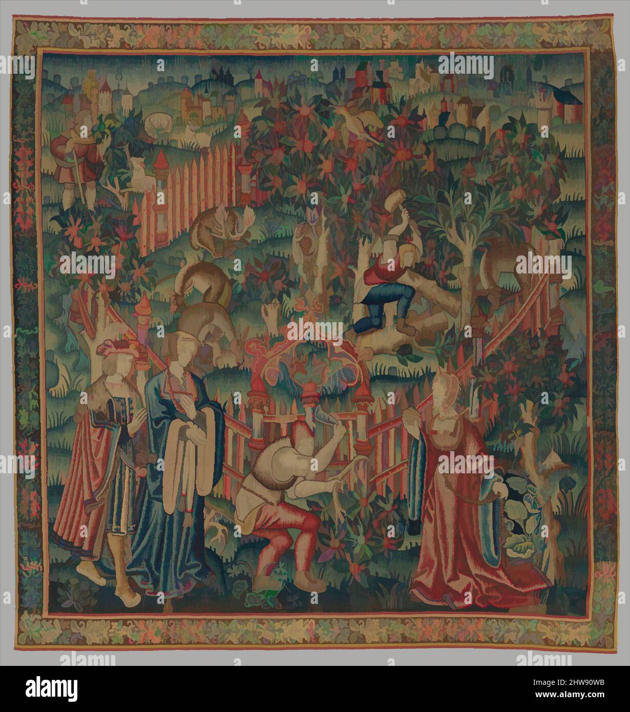 Art inspired by Woodcutters Working at a Deer Park (from the Hunting Parks Tapestries), ca. 1515–35, South Netherlandish, Wool and silk thread, Overall: 134 1/2 x 126 1/2in. (341.6 x 321.3cm), Textiles-Tapestries, In this tapestry, one from a set of four, woodsmen work in and around a, Classic works modernized by Artotop with a splash of modernity. Shapes, color and value, eye-catching visual impact on art. Emotions through freedom of artworks in a contemporary way. A timeless message pursuing a wildly creative new direction. Artists turning to the digital medium and creating the Artotop NFT Stock Photo