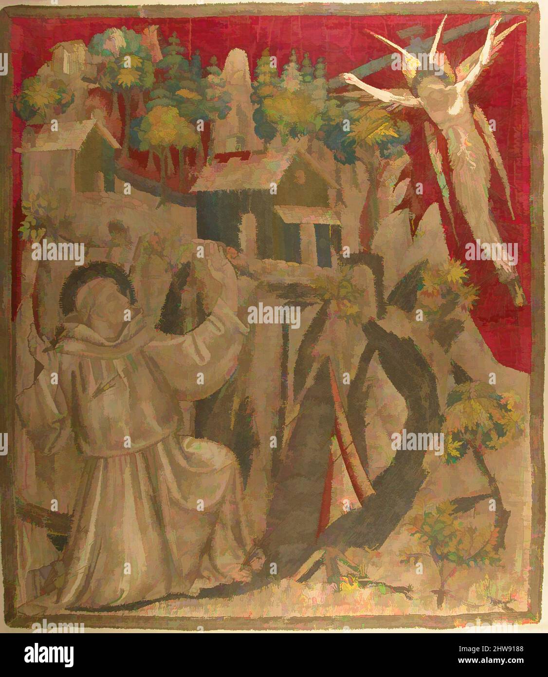 Art inspired by Textile with Saint Francis Receiving the Stigmata, late 14th century, Made in Tuscany, Italy, Italian, Colored silks, metal thread, Overall: 35 x 29 in. (88.9 x 73.7 cm), Textiles-Embroidered, According to his biographers, Saint Francis of Assisi enjoyed all the, Classic works modernized by Artotop with a splash of modernity. Shapes, color and value, eye-catching visual impact on art. Emotions through freedom of artworks in a contemporary way. A timeless message pursuing a wildly creative new direction. Artists turning to the digital medium and creating the Artotop NFT Stock Photo