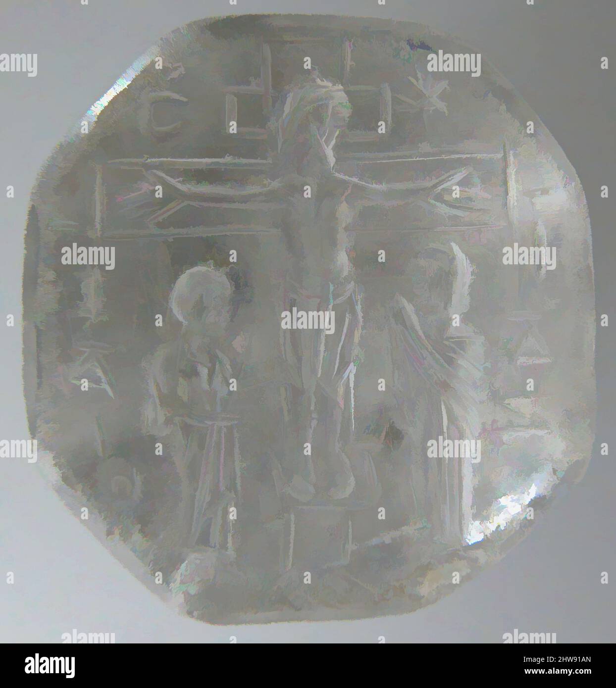 Art inspired by Intaglio Seal with the Crucifixion, 9th–11th century, Byzantine, Rock crystal, Overall: 13/16 x 11/16 x 15/16 in. (2 x 1.8 x 2.4 cm), Lapidary Work-Crystal, Pyramid-shaped seals were often carved of semiprecious stones believed to have protective properties. Hung from a, Classic works modernized by Artotop with a splash of modernity. Shapes, color and value, eye-catching visual impact on art. Emotions through freedom of artworks in a contemporary way. A timeless message pursuing a wildly creative new direction. Artists turning to the digital medium and creating the Artotop NFT Stock Photo