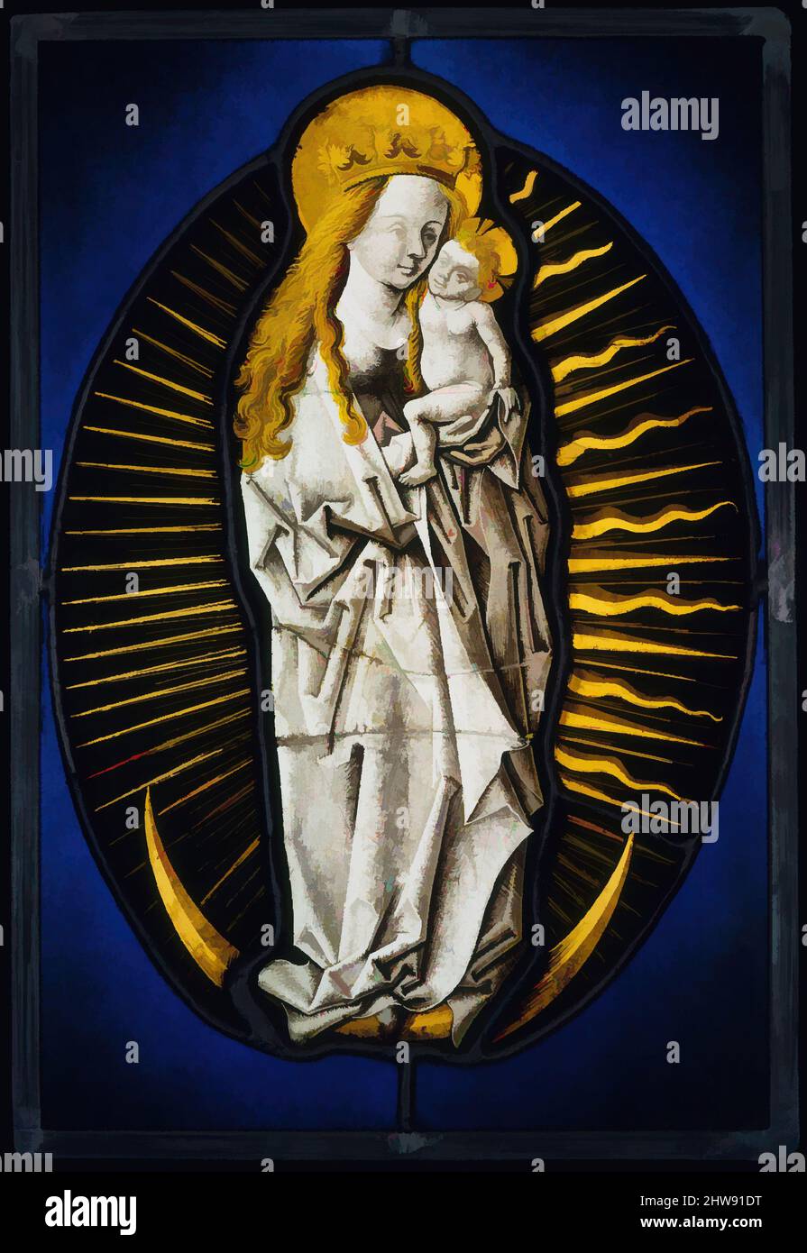 Art inspired by Virgin of the Apocalypse, ca. 1480–90, Made in Middle Rhine, Germany, German, Colorless glass, silver stain, and vitreous paint, Overall: 13 7/8 x 9 5/8in. (35.2 x 24.4cm), Glass-Stained, Circle of the Master of the Amsterdam Cabinet (German, active ca. 1470–90), The, Classic works modernized by Artotop with a splash of modernity. Shapes, color and value, eye-catching visual impact on art. Emotions through freedom of artworks in a contemporary way. A timeless message pursuing a wildly creative new direction. Artists turning to the digital medium and creating the Artotop NFT Stock Photo