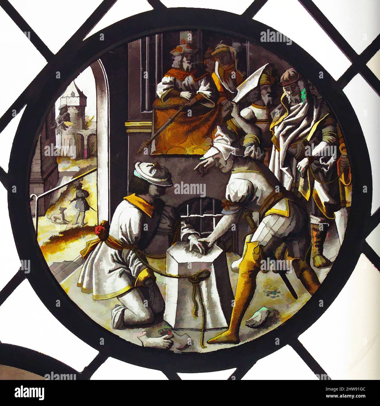 Art inspired by Roundel with Martyrdom of Saint Jacobus Intercisus, ca. 1520, Made in Leiden, Netherlands, North Netherlandish or South Netherlandish, Colorless glass, vitreous paint and silver stain, Overall: 7 15/16 in. (20.2 cm), Glass-Stained, Classic works modernized by Artotop with a splash of modernity. Shapes, color and value, eye-catching visual impact on art. Emotions through freedom of artworks in a contemporary way. A timeless message pursuing a wildly creative new direction. Artists turning to the digital medium and creating the Artotop NFT Stock Photo