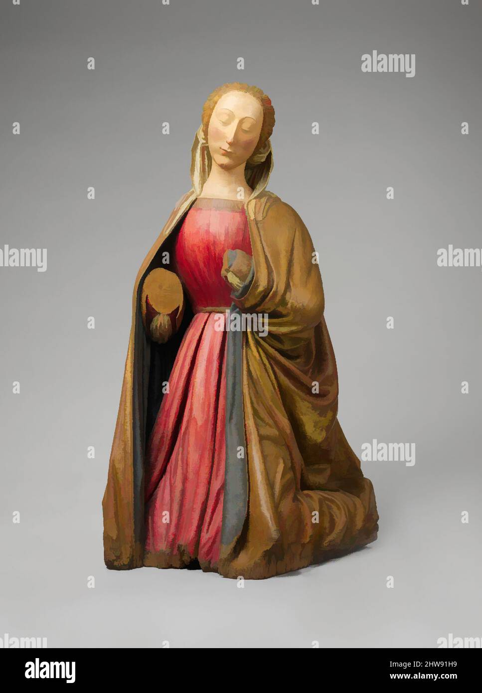 Art inspired by Kneeling Virgin, ca. 1474–1500, Made in Abruzzo, Italy, Italian, Willow, paint, and gilt, Overall: 46 1/8 x 31 1/2 x 19 3/4 in., 63lb. (117.2 x 80 x 50.2 cm, 28576.6g), Sculpture-Wood, Attributed to Paolo Aquilano (Italian, Abruzzo, active ca. 1475–1503) (Sculptor of, Classic works modernized by Artotop with a splash of modernity. Shapes, color and value, eye-catching visual impact on art. Emotions through freedom of artworks in a contemporary way. A timeless message pursuing a wildly creative new direction. Artists turning to the digital medium and creating the Artotop NFT Stock Photo