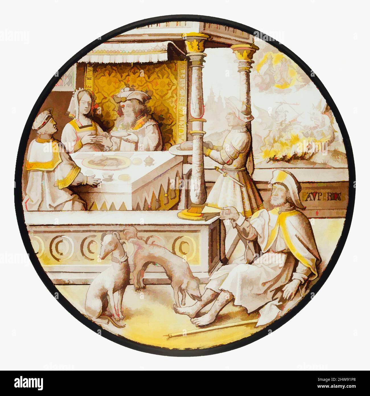 Art inspired by Roundel with Lazarus at the House of Dives, ca. 1520, South Netherlandish, Colorless glass, vitreous paint and silver stain, Overall Diam.: 8 11/16 in. (22.1 cm), Glass-Stained, Classic works modernized by Artotop with a splash of modernity. Shapes, color and value, eye-catching visual impact on art. Emotions through freedom of artworks in a contemporary way. A timeless message pursuing a wildly creative new direction. Artists turning to the digital medium and creating the Artotop NFT Stock Photo