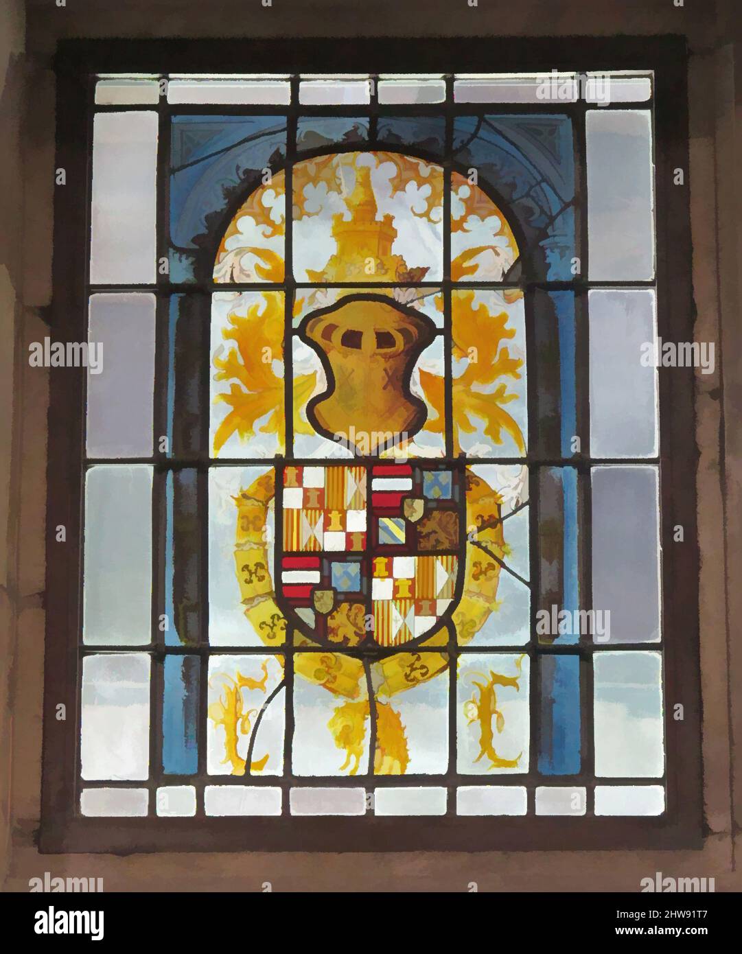 Art inspired by Heraldic Panel with Arms of the House of Hapsburg, ca. 1504–6, Made in possibly Ghent, South Netherlandish, Pot-metal glass, white glass, vitreous paint, and silver stain, Overall: 34 x 21 in. (86.4 x 53.3 cm), Glass-Stained, The Gravensteen at Ghent was the principal, Classic works modernized by Artotop with a splash of modernity. Shapes, color and value, eye-catching visual impact on art. Emotions through freedom of artworks in a contemporary way. A timeless message pursuing a wildly creative new direction. Artists turning to the digital medium and creating the Artotop NFT Stock Photo