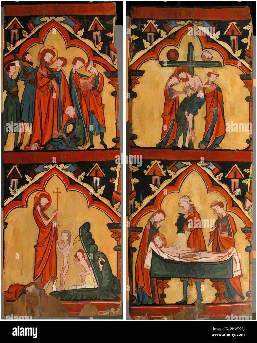 Art inspired by Scenes from the Life of Christ: Arrest of Christ, Christ in Limbo; Descent from the Cross, Preparation of Christ’s Body for His Entombment, 13th century, Spanish, Tempera on wood, Overall (a): 41 3/8 x 15 5/8 x 13/16 in. (105.1 x 39.7 x 2.1 cm), Paintings-Panels, Classic works modernized by Artotop with a splash of modernity. Shapes, color and value, eye-catching visual impact on art. Emotions through freedom of artworks in a contemporary way. A timeless message pursuing a wildly creative new direction. Artists turning to the digital medium and creating the Artotop NFT Stock Photo