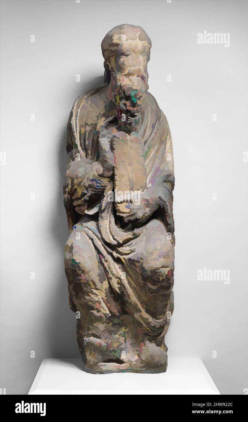 Art inspired by Sculpture of Moses with Tablets of the Law, ca. 1170, Made in Noyon, Picardy (Oise), France, French, Limestone, polychromy, Overall: 49 x 15 3/4 x 13 3/8 in. (124.5 x 40 x 34 cm), Sculpture, This sculpture of Moses, holding the tablets with the Ten Commandments, and the, Classic works modernized by Artotop with a splash of modernity. Shapes, color and value, eye-catching visual impact on art. Emotions through freedom of artworks in a contemporary way. A timeless message pursuing a wildly creative new direction. Artists turning to the digital medium and creating the Artotop NFT Stock Photo