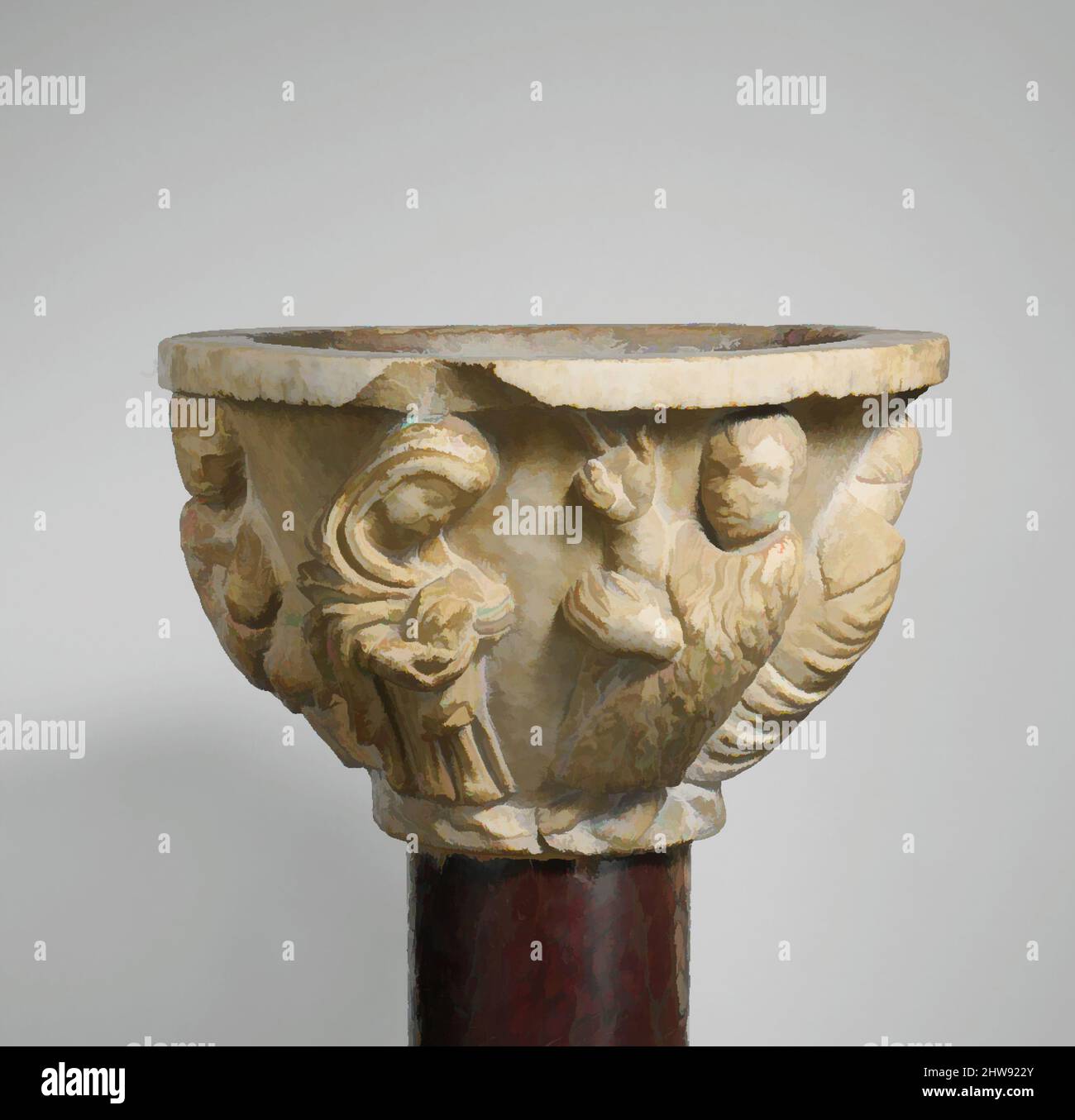 Art inspired by Holy-water Font, ca. 1160–65, Made in probably Pisa, Tuscany, Central Italy, Italian, Carrara Marble, Overall: 9 1/2 x 4 1/2 x 15 in. (24.1 x 11.4 x 38.1 cm), Sculpture-Architectural, Follower of Guglielmus (Italian, active 1158–65), The holy water font depicts scenes, Classic works modernized by Artotop with a splash of modernity. Shapes, color and value, eye-catching visual impact on art. Emotions through freedom of artworks in a contemporary way. A timeless message pursuing a wildly creative new direction. Artists turning to the digital medium and creating the Artotop NFT Stock Photo