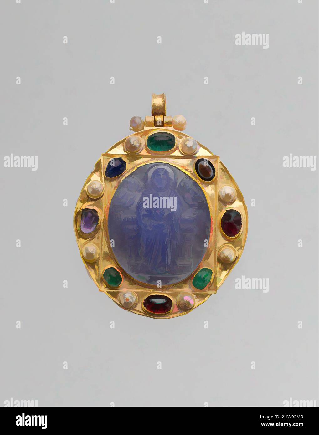 Art inspired by Pendant Brooch with Cameo of Enthroned Virgin and Child and Christ Pantokrator, late 1000s–1100s (cameo); 1100s–1300s (mount), Byzantine, Chalcedony cameo; gold mount with pearls, emeralds, garnets, sapphires, and a sardonyx intaglio, Overall: 2 13/16 x 2 3/16 x 5/8 in, Classic works modernized by Artotop with a splash of modernity. Shapes, color and value, eye-catching visual impact on art. Emotions through freedom of artworks in a contemporary way. A timeless message pursuing a wildly creative new direction. Artists turning to the digital medium and creating the Artotop NFT Stock Photo