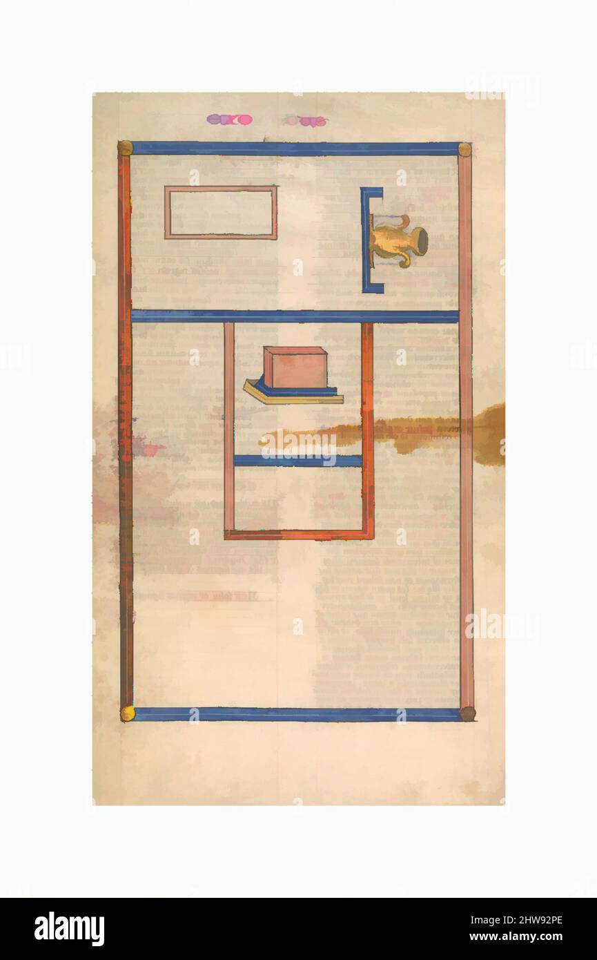 Art inspired by Floor Plan of the Tabernacle, one of six illustrated leaves from the Postilla Litteralis (Literal Commentary) of Nicholas of Lyra, ca. 1360–1380, French, Opaque watercolor, iron-gall ink and gold on vellum, 16 1/2 x 9 3/4 in. (41.9 x 24.8 cm), Manuscripts and, Classic works modernized by Artotop with a splash of modernity. Shapes, color and value, eye-catching visual impact on art. Emotions through freedom of artworks in a contemporary way. A timeless message pursuing a wildly creative new direction. Artists turning to the digital medium and creating the Artotop NFT Stock Photo