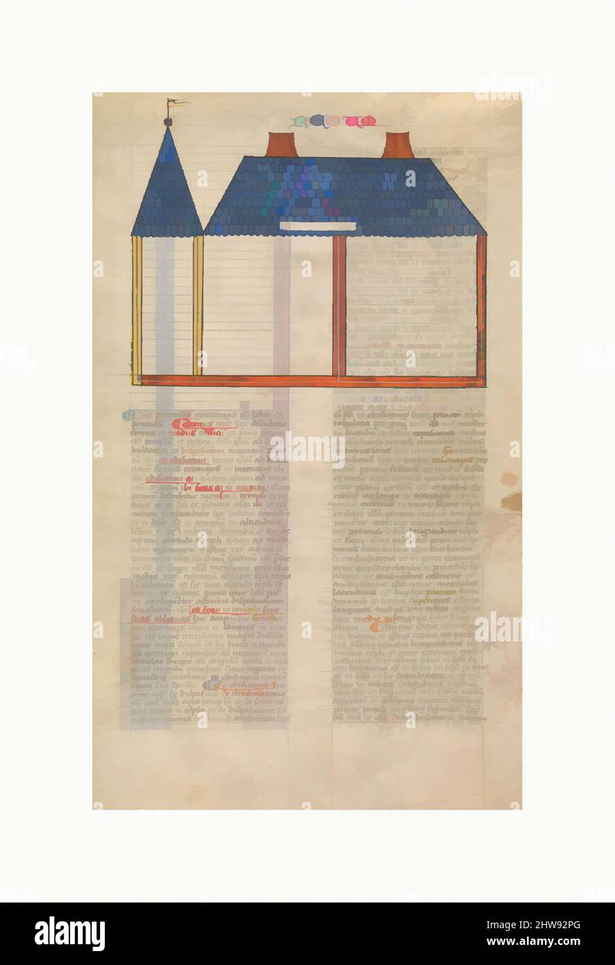 Art inspired by Elevation of Solomon's Temple, one of six illustrated leaves from the Postilla Litteralis (Literal Commentary) of Nicholas of Lyra, ca. 1360–1380, French, Opaque watercolor, iron-gall ink and gold on vellum, 16 1/2 x 9 3/4 in. (41.9 x 24.8 cm), Manuscripts and, Classic works modernized by Artotop with a splash of modernity. Shapes, color and value, eye-catching visual impact on art. Emotions through freedom of artworks in a contemporary way. A timeless message pursuing a wildly creative new direction. Artists turning to the digital medium and creating the Artotop NFT Stock Photo