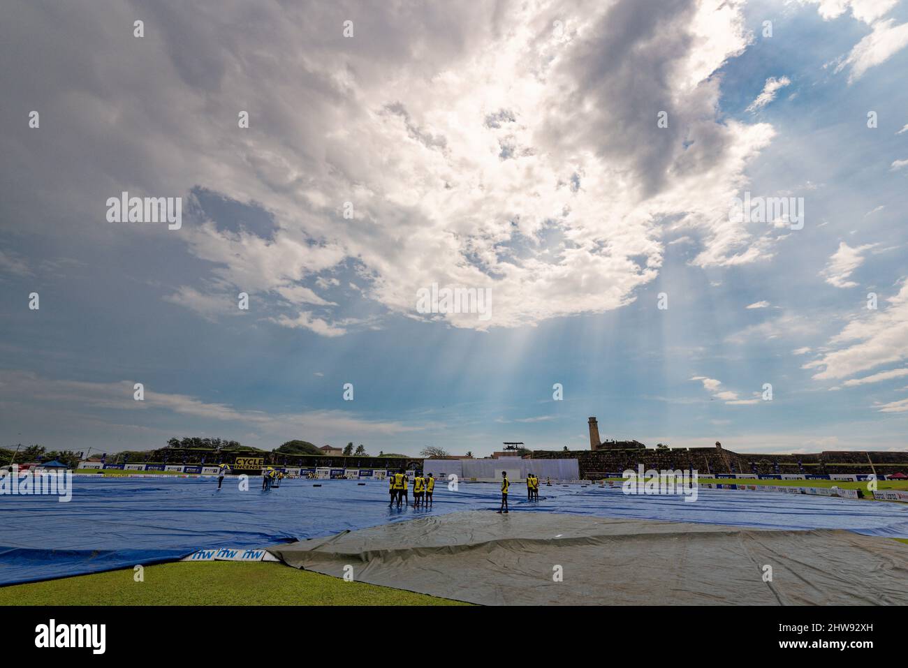 Galle International Cricket Stadium's field covered as it rains on the 3rd day play of the 1st Test cricket match between Sri Lanka and West Indies Stock Photo