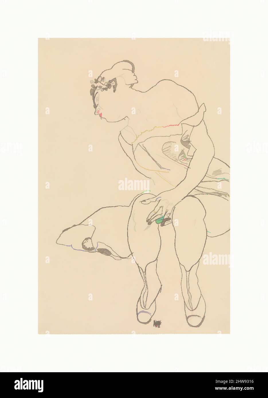 Art inspired by Seated Woman in Corset and Boots, 1918, Crayon on paper, 19 3/4 x 12 7/8 in. (50.2 x 32.7 cm), Drawings, Egon Schiele (Austrian, Tulln 1890–1918 Vienna, Classic works modernized by Artotop with a splash of modernity. Shapes, color and value, eye-catching visual impact on art. Emotions through freedom of artworks in a contemporary way. A timeless message pursuing a wildly creative new direction. Artists turning to the digital medium and creating the Artotop NFT Stock Photo
