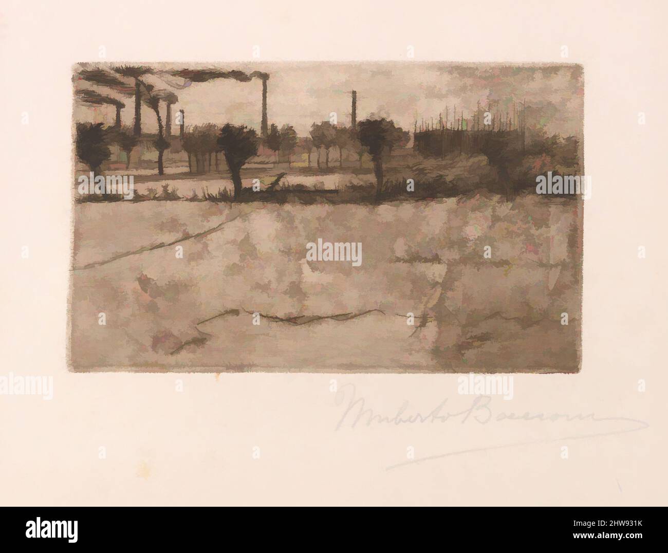 Art inspired by Landscape with Industrial Plants, 1909, Drypoint, 3 5/8 x 6 in. (9.2 x 15.2 cm), Prints, Umberto Boccioni (Italian, Reggio 1882–1916 Sorte, Classic works modernized by Artotop with a splash of modernity. Shapes, color and value, eye-catching visual impact on art. Emotions through freedom of artworks in a contemporary way. A timeless message pursuing a wildly creative new direction. Artists turning to the digital medium and creating the Artotop NFT Stock Photo