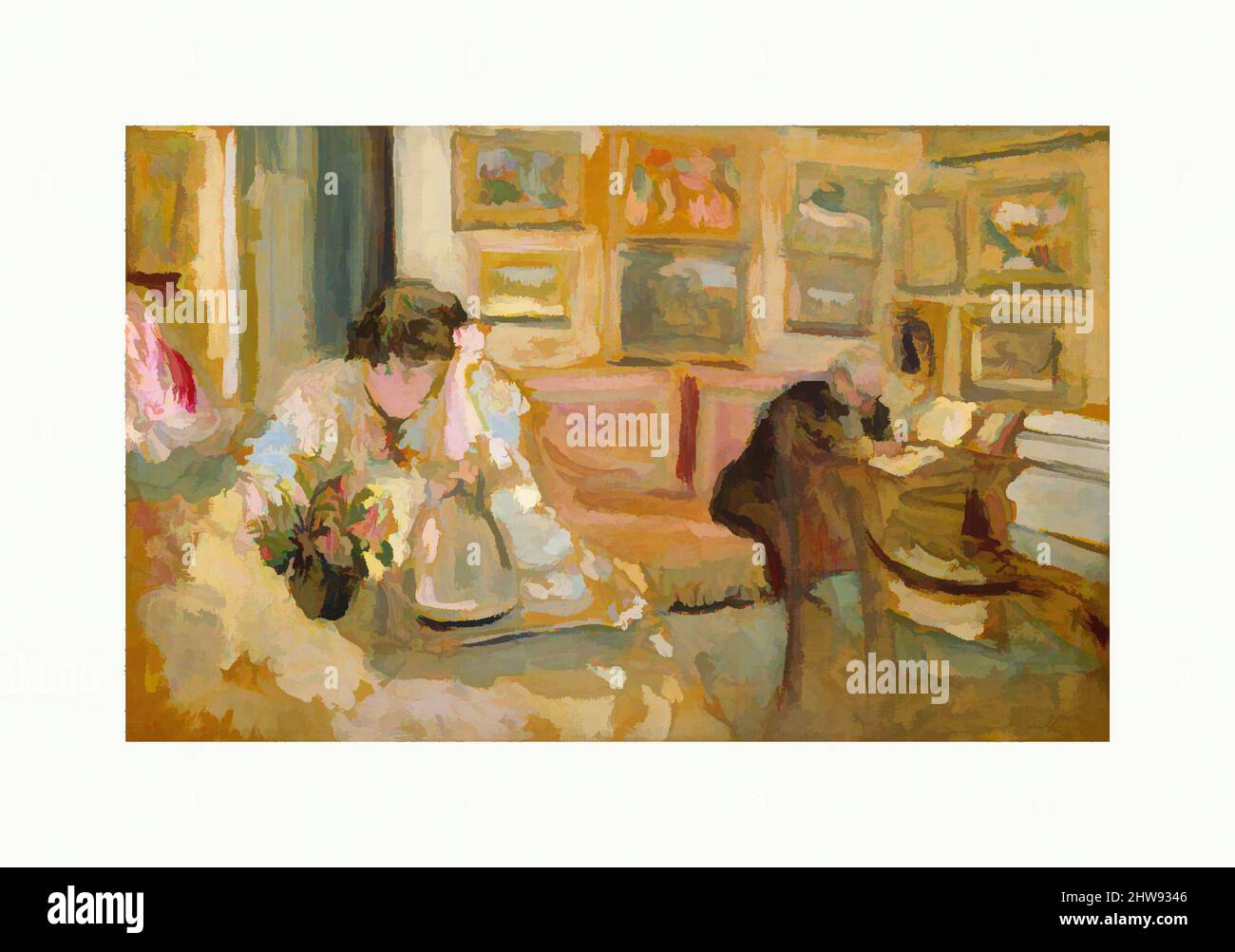 Art inspired by Jos and Lucie Hessel in the Small Salon, Rue de Rivoli, ca. 1900–1905, Oil on cardboard mounted on canvas, 14 1/2 x 22 3/8 in. (36.8 x 56.8 cm), Paintings, Édouard Vuillard (French, Cuiseaux 1868–1940 La Baule), After the Natansons were divorced in 1904, Vuillard, Classic works modernized by Artotop with a splash of modernity. Shapes, color and value, eye-catching visual impact on art. Emotions through freedom of artworks in a contemporary way. A timeless message pursuing a wildly creative new direction. Artists turning to the digital medium and creating the Artotop NFT Stock Photo