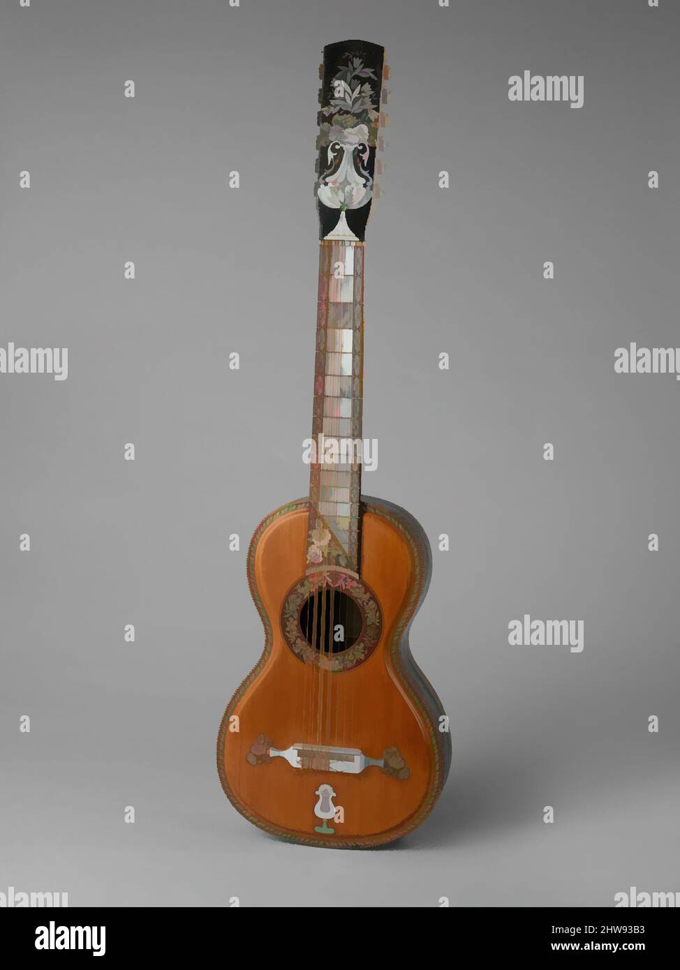 Art inspired by Guitarra septima (seven string guitar), ca. 1880, Mexico, Mexican, Spruce, rosewood, mother-of-pearl, Height: 51 3/8 in. (130.5 cm), Chordophone-Lute-plucked-fretted, M. Fernandez (Mexican), Mariano Fernández, Guitarra Séptima (Seven-course guitar) The Mexican seven-, Classic works modernized by Artotop with a splash of modernity. Shapes, color and value, eye-catching visual impact on art. Emotions through freedom of artworks in a contemporary way. A timeless message pursuing a wildly creative new direction. Artists turning to the digital medium and creating the Artotop NFT Stock Photo