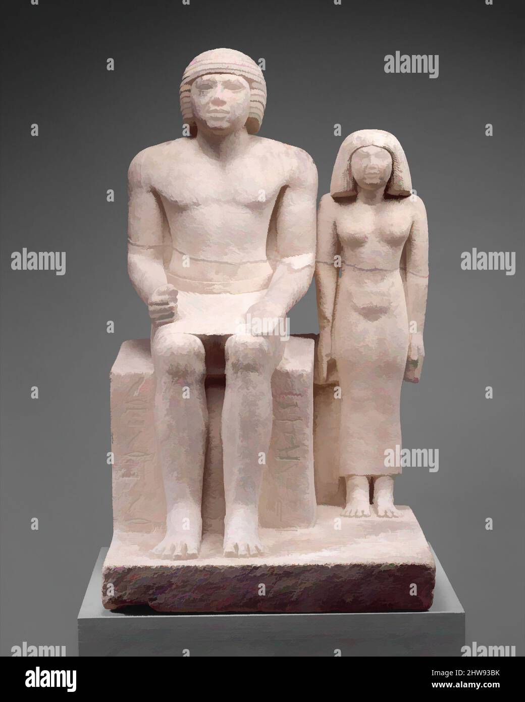 Art inspired by Statue of Demedji and Hennutsen, Old Kingdom, Dynasty 5, ca. 2465–2438 B.C., From Egypt; Probably from Memphite Region, Giza or Saqqara, Limestone, paint, H. 83 cm (32 11/16 in); w. 50.8 cm ( 20 in); d. 51 cm (20 1/16 in), This pair statue, showing a husband and wife, Classic works modernized by Artotop with a splash of modernity. Shapes, color and value, eye-catching visual impact on art. Emotions through freedom of artworks in a contemporary way. A timeless message pursuing a wildly creative new direction. Artists turning to the digital medium and creating the Artotop NFT Stock Photo