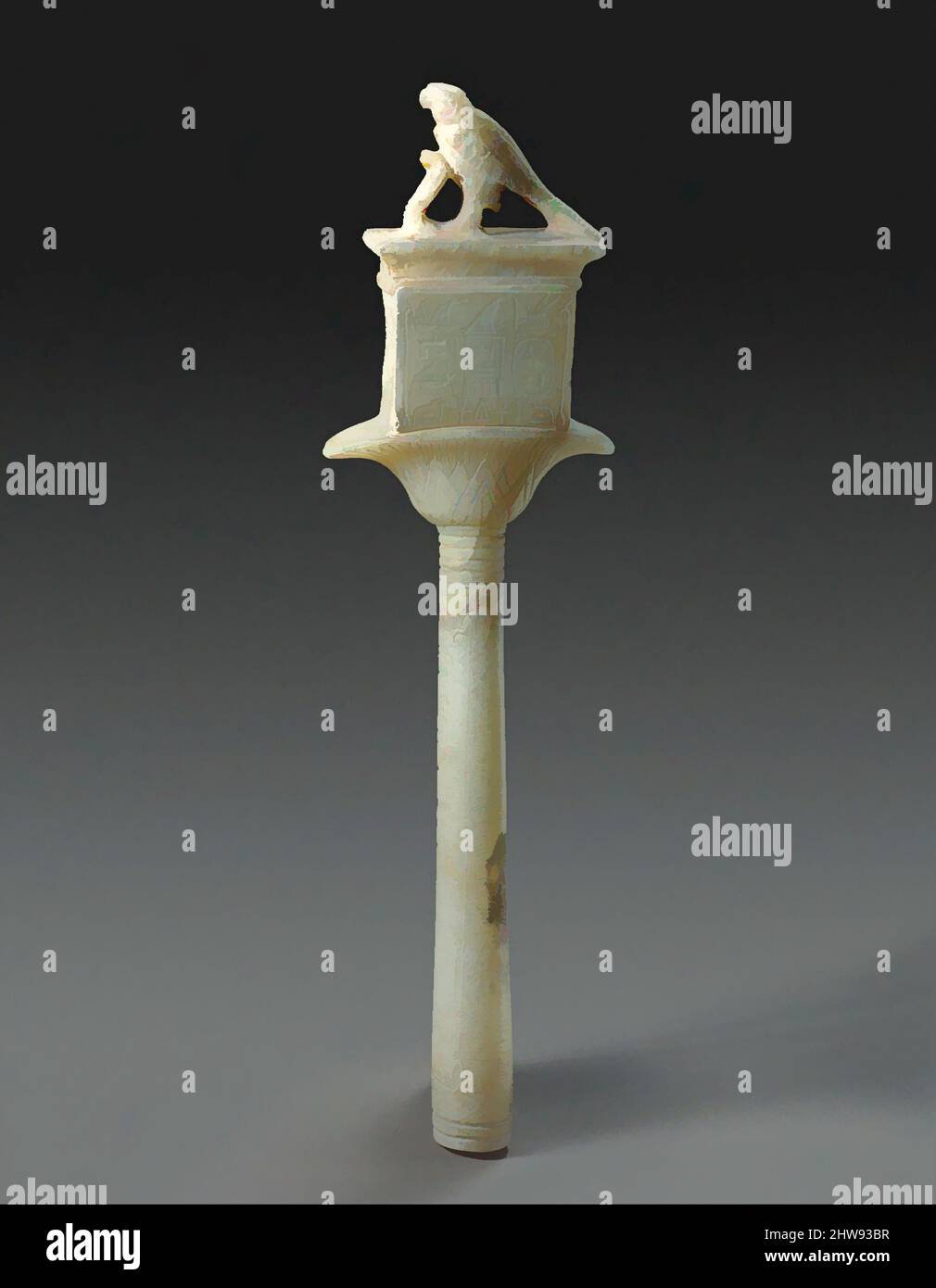 Art inspired by Sistrum Inscribed with the Names of King Teti, Old Kingdom, Dynasty 6, ca. 2323–2291 B.C., From Egypt; Possibly from Memphite Region, Memphis (Mit Rahina), Travertine (Egyptian alabaster), pigment, resin, H. 26.5 cm (10 7/8 in.); W. 7 cm (2 3/4 in.); D. 2.7 cm (1 1/16, Classic works modernized by Artotop with a splash of modernity. Shapes, color and value, eye-catching visual impact on art. Emotions through freedom of artworks in a contemporary way. A timeless message pursuing a wildly creative new direction. Artists turning to the digital medium and creating the Artotop NFT Stock Photo