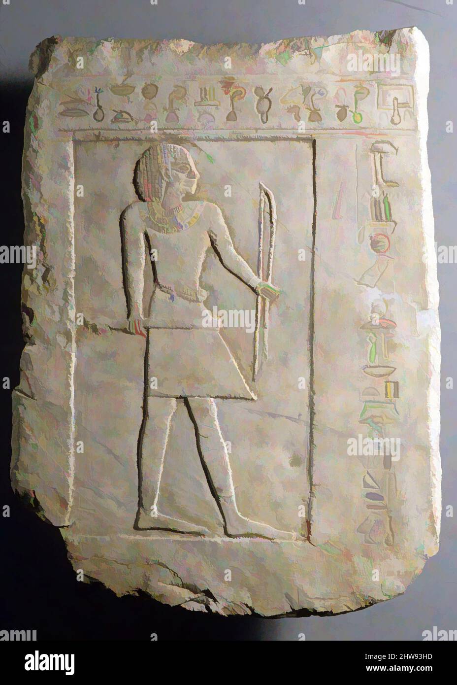 Art inspired by Funerary stela of the bowman Semin, First Intermediate Period, Dynasty 11, ca. 2120–2051 B.C., From Egypt; Probably from Upper Egypt, Thebes, Tarif, Limestone, paint, 16 1/4 x 11 5/8 in. (41.3 x 29.5 cm), Semin is represented with a bow in his left hand and a sheaf of, Classic works modernized by Artotop with a splash of modernity. Shapes, color and value, eye-catching visual impact on art. Emotions through freedom of artworks in a contemporary way. A timeless message pursuing a wildly creative new direction. Artists turning to the digital medium and creating the Artotop NFT Stock Photo