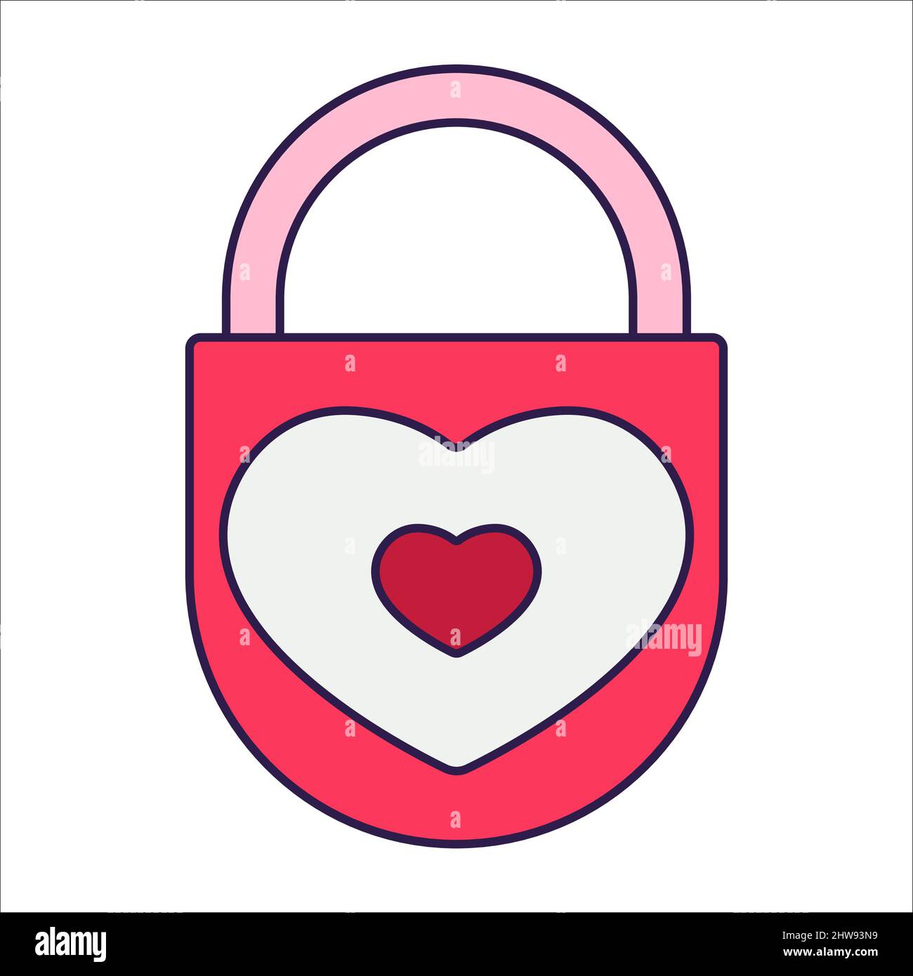 Retro Valentine Day icon lock with hearts. Love symbol in the fashionable pop line art style. The cute figure is in soft pink, red, and coral color. V Stock Vector