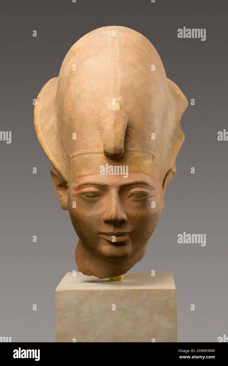 Art inspired by Head of King Amenmesse Wearing the Blue Crown, New Kingdom, Ramesside, Dynasty 19, ca. 1203–1200 B.C., From Egypt, Upper Egypt, Thebes, Karnak, Temple of Amun, Hypostyle Hall, Quartzite, paint, H. 44.5 cm (17 1/2 in), This elegant head originally belonged with the body, Classic works modernized by Artotop with a splash of modernity. Shapes, color and value, eye-catching visual impact on art. Emotions through freedom of artworks in a contemporary way. A timeless message pursuing a wildly creative new direction. Artists turning to the digital medium and creating the Artotop NFT Stock Photo