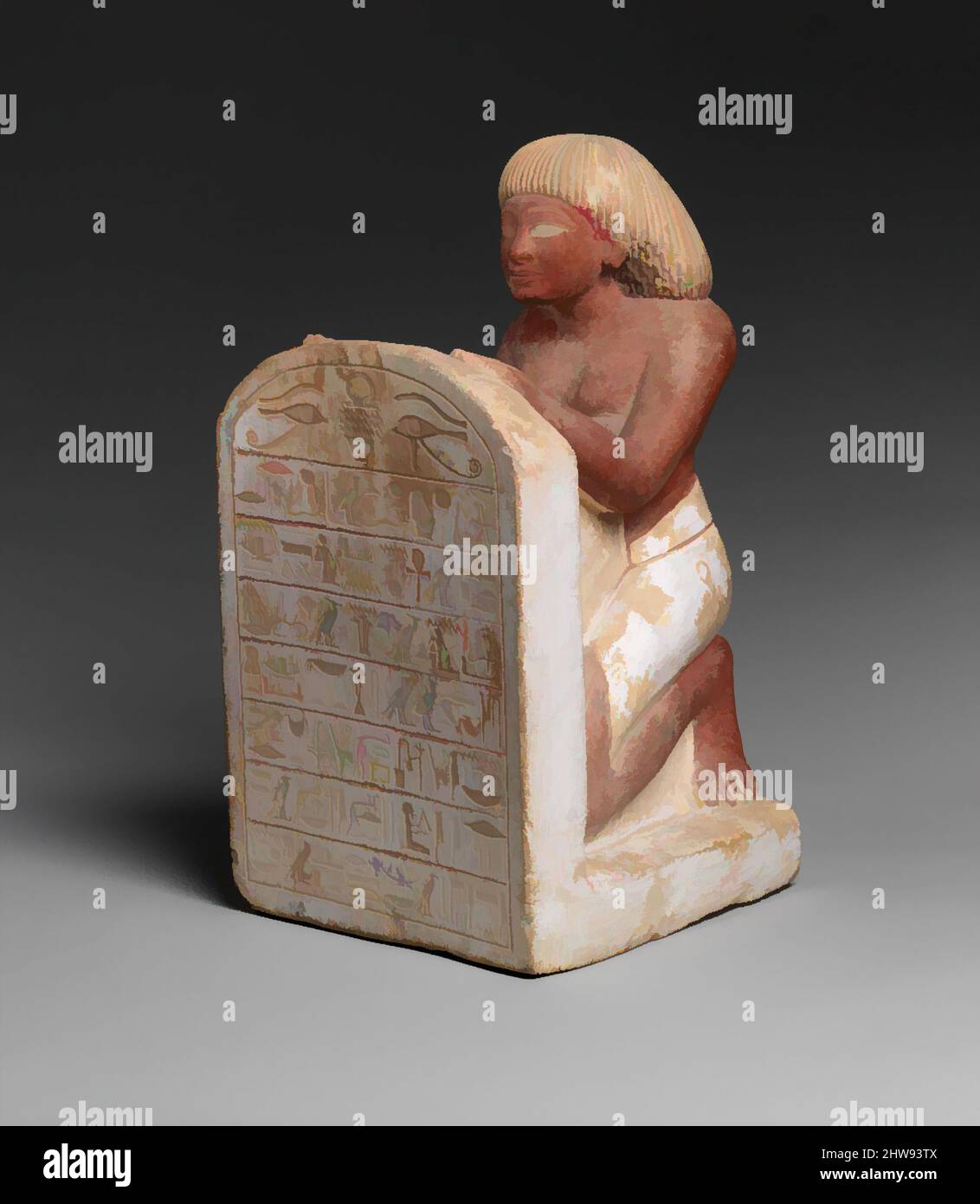 Art inspired by Statue of Roy Chanting the Solar Hymn Written on His Stela, New Kingdom, Dynasty 18, ca. 1427–1400 B.C., From Egypt, Upper Egypt, Thebes, Limestone, paint, H. 31.5 × w. 16.3 × d. 19 cm (12 3/8 × 6 7/16 × 7 1/2 in. ), The scribe Roy holds a stela inscribed with a hymn to, Classic works modernized by Artotop with a splash of modernity. Shapes, color and value, eye-catching visual impact on art. Emotions through freedom of artworks in a contemporary way. A timeless message pursuing a wildly creative new direction. Artists turning to the digital medium and creating the Artotop NFT Stock Photo