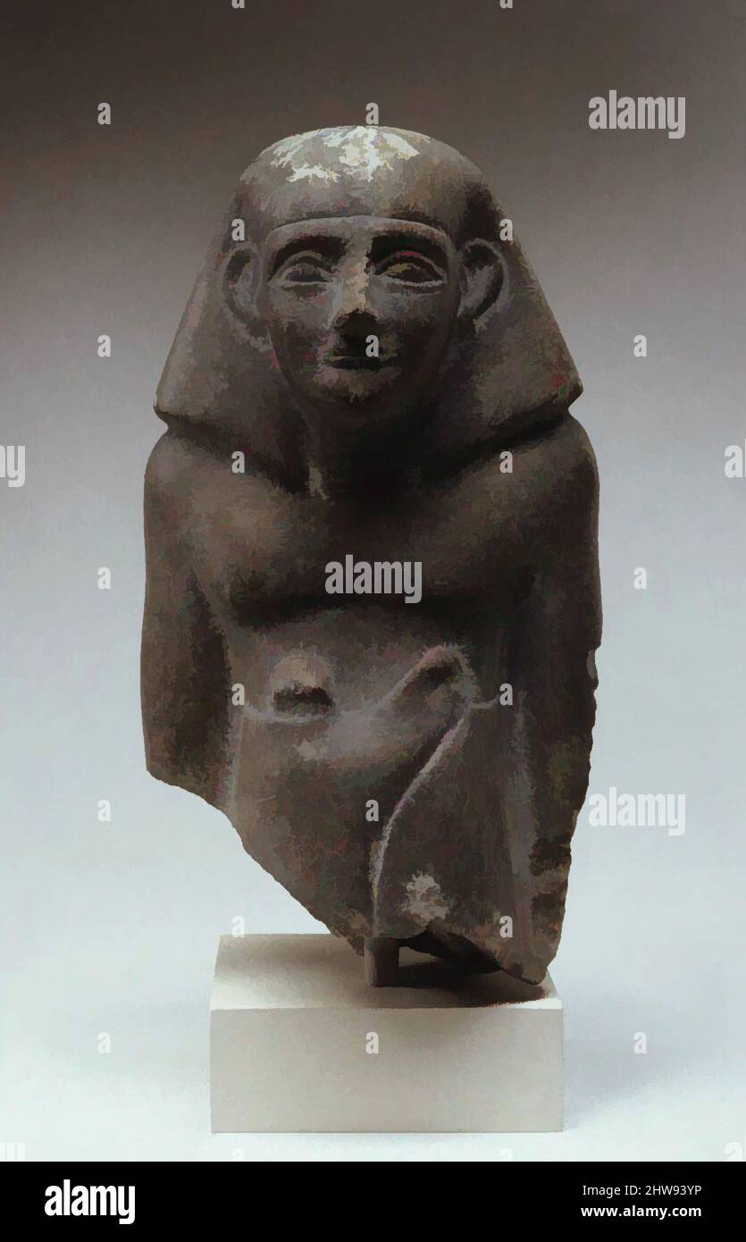 Art inspired by Statuette of Senbi in long kilt, Middle Kingdom, Dynasty 12–13, ca. 1802–1640 B.C., From Egypt, Memphite Region, Lisht North, cemetery south of pyramid south of House A1:4, Pit 898, 1920–21, Schist, H.13.9 × W.7.7 × D.7.5 cm (5 1/2 × 3 1/16 × 2 15/16 in, Classic works modernized by Artotop with a splash of modernity. Shapes, color and value, eye-catching visual impact on art. Emotions through freedom of artworks in a contemporary way. A timeless message pursuing a wildly creative new direction. Artists turning to the digital medium and creating the Artotop NFT Stock Photo