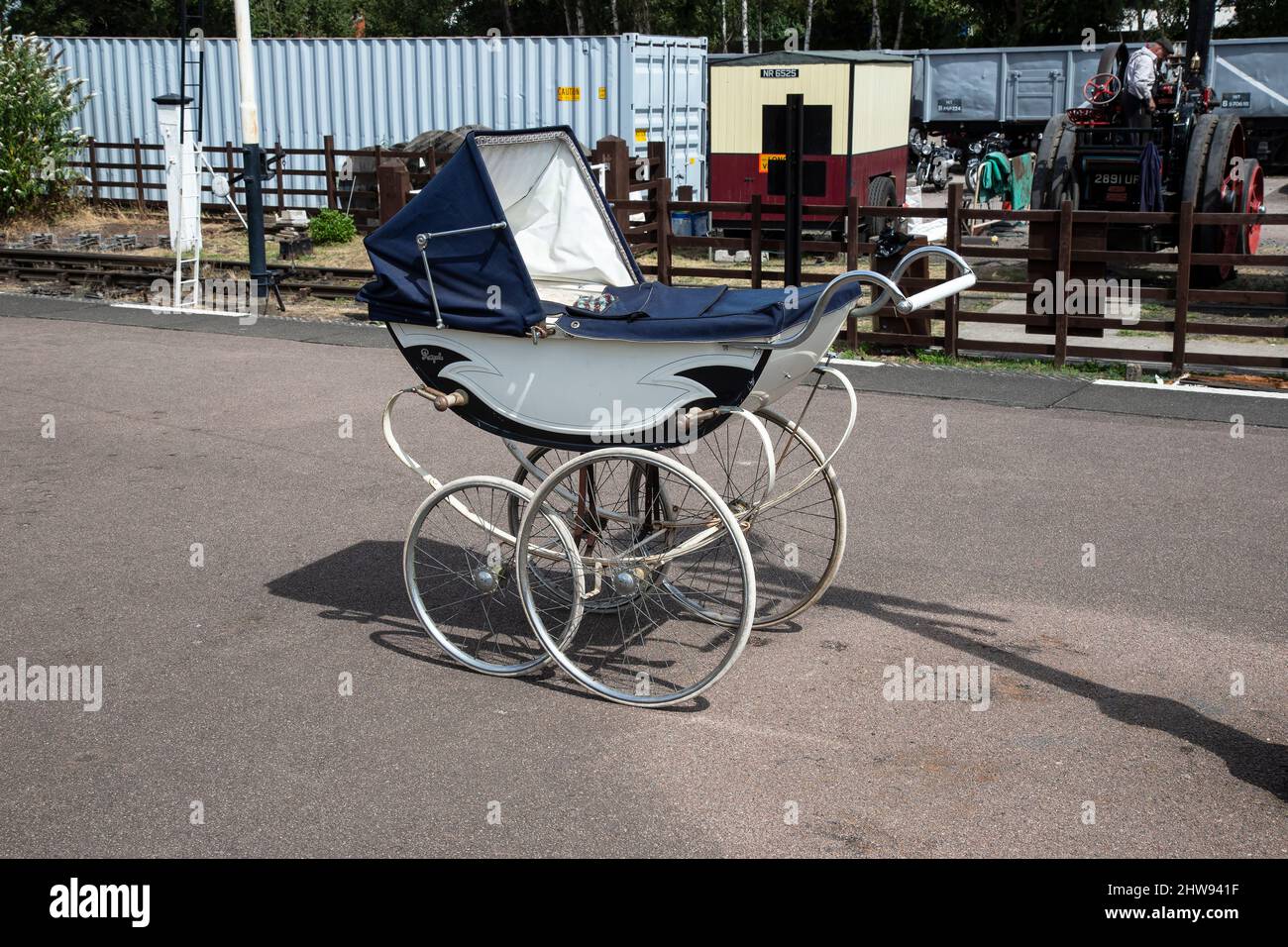 1950's coach built Royale baby pram made by the Royal Baby Carriage Company in London on Loughborough Railway Station platform, U.K. Stock Photo
