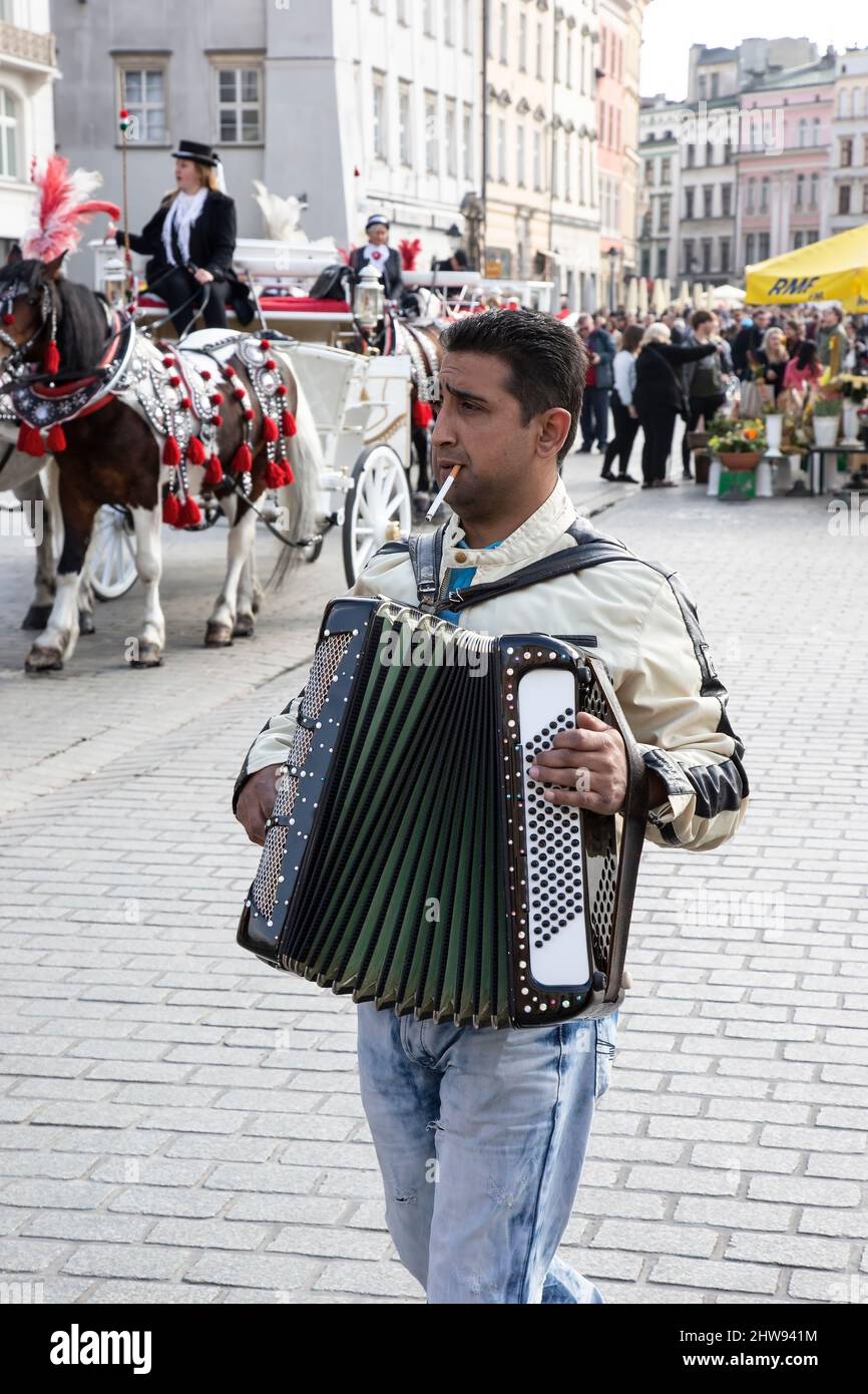 Close up of a cigarette smoking accordion player entertaining shoppers and  tourists in Krakow Old Town square, Poland on market day Stock Photo