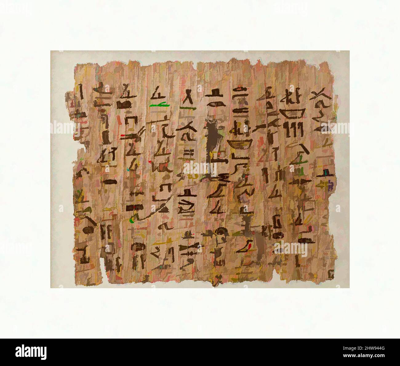 Art inspired by Papyrus inscribed with an account and a religious text, Middle Kingdom, Dynasty 12, ca. 1961–1917 B.C., From Egypt, Upper Egypt, Thebes, Deir el-Bahri, Tomb of Harhotep (TT 314), 1921–22, Papyrus, ink, H. 15.5 cm (6 1/8 in.), W. 12.5 cm (4 15/16 in.), Fragment of a, Classic works modernized by Artotop with a splash of modernity. Shapes, color and value, eye-catching visual impact on art. Emotions through freedom of artworks in a contemporary way. A timeless message pursuing a wildly creative new direction. Artists turning to the digital medium and creating the Artotop NFT Stock Photo