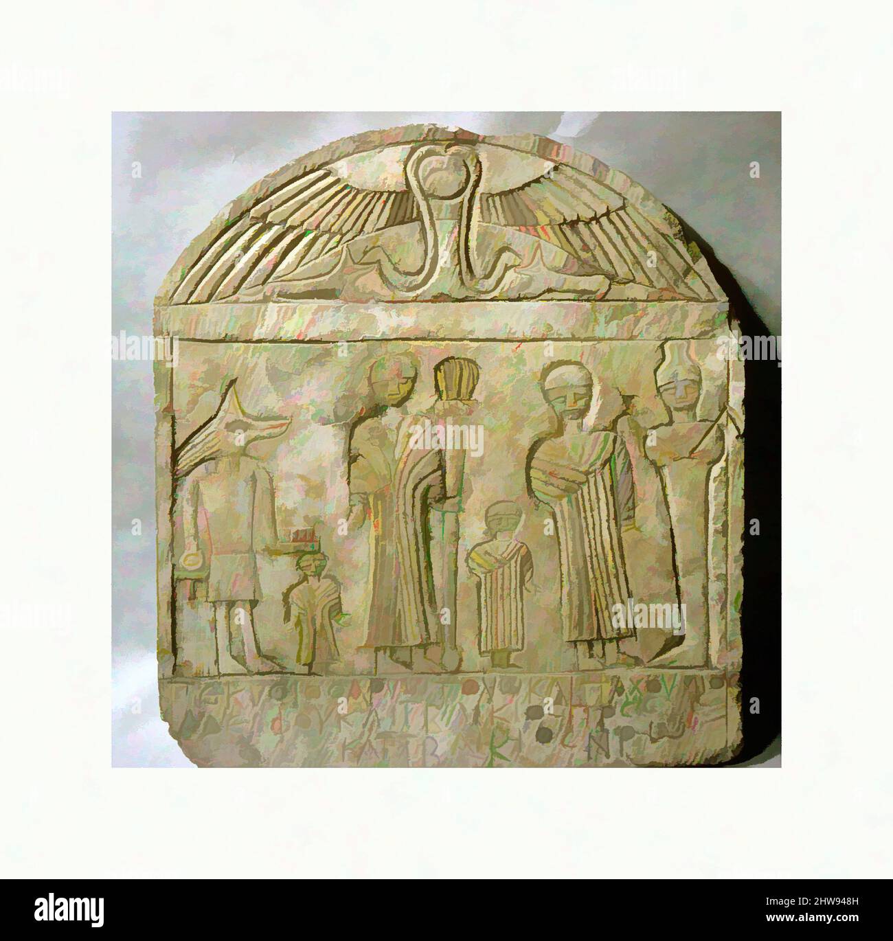 Art inspired by Stela of Pekysis, Roman Period, 1st century B.C.–A.D. 4th century, From Egypt, Northern Upper Egypt, Abydos, Graeco-Roman Cemetery, Tomb 193, Garstang excavations 1907, Limestone, H. 38 cm (14 15/16 in), Flanked by Anubis and Osiris are four figures identified by the, Classic works modernized by Artotop with a splash of modernity. Shapes, color and value, eye-catching visual impact on art. Emotions through freedom of artworks in a contemporary way. A timeless message pursuing a wildly creative new direction. Artists turning to the digital medium and creating the Artotop NFT Stock Photo