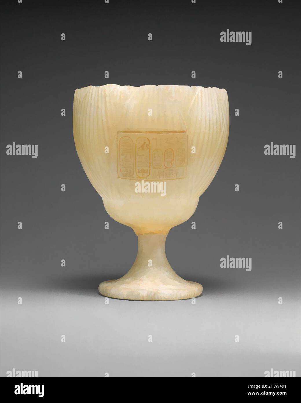 Art inspired by Goblet Inscribed with the Names of King Amenhotep IV and Queen Nefertiti, New Kingdom, Amarna Period, Dynasty 18, ca. 1353–1336 B.C., From Egypt, Travertine (Egyptian alabaster), H. 14 (5 1/2 in.); Diam. 10.5 cm (4 1/8 in.), This graceful, translucent drinking cup in, Classic works modernized by Artotop with a splash of modernity. Shapes, color and value, eye-catching visual impact on art. Emotions through freedom of artworks in a contemporary way. A timeless message pursuing a wildly creative new direction. Artists turning to the digital medium and creating the Artotop NFT Stock Photo